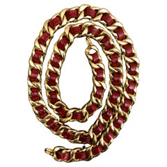 1980s Vintage CHANEL Gold Toned Red Leather Chain Belt Necklace Double Hooked