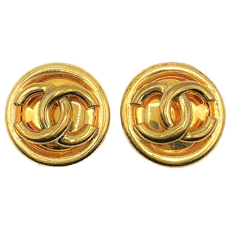 Vintage Chanel Gold Tubular CC Logo Earrings 1993