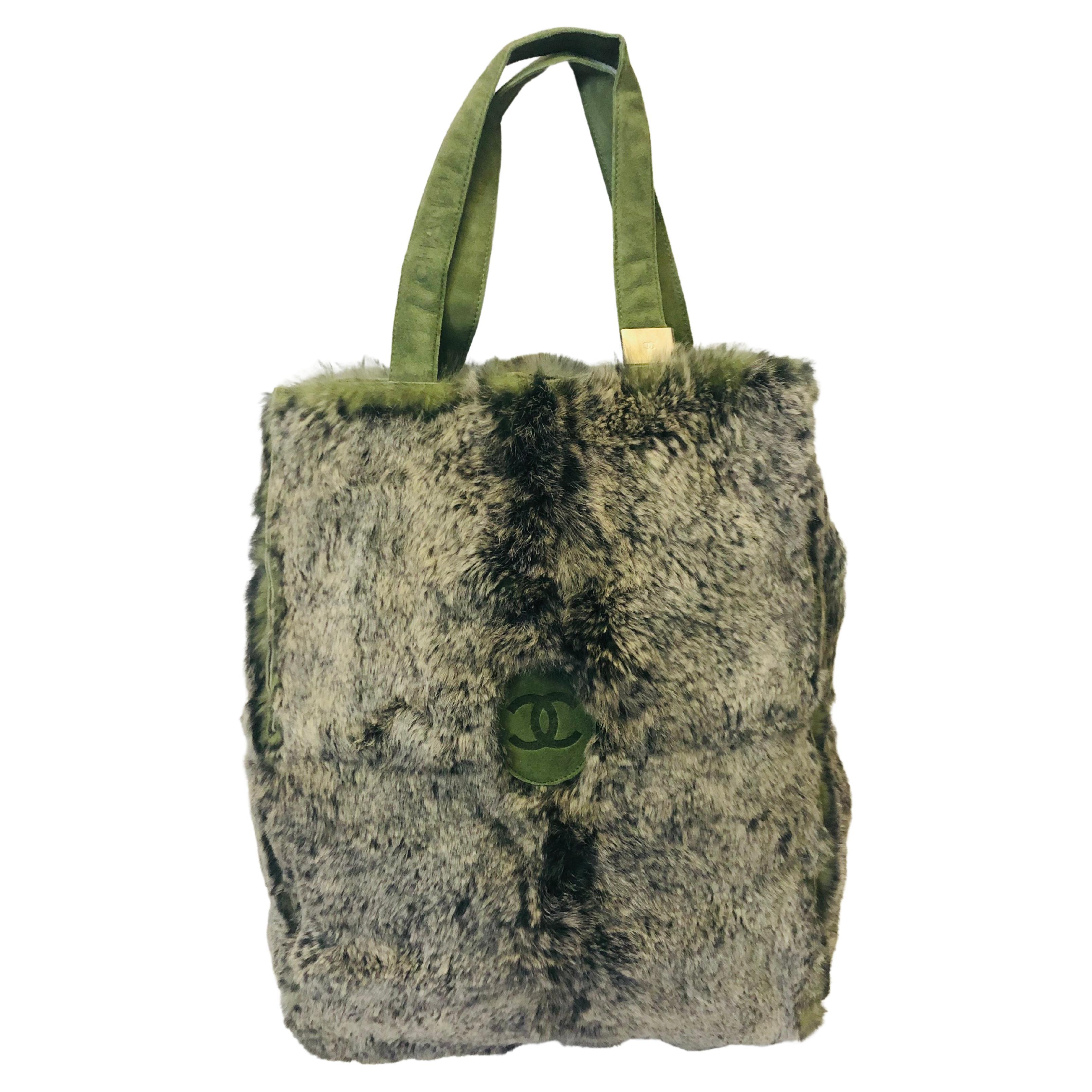 Vintage Chanel Green “CC” Suede and Fur Oblong Tote Bag For Sale