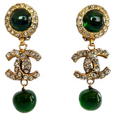 Vintage Chanel Green "Glass" Gilt Logo CC Diamante Earrings