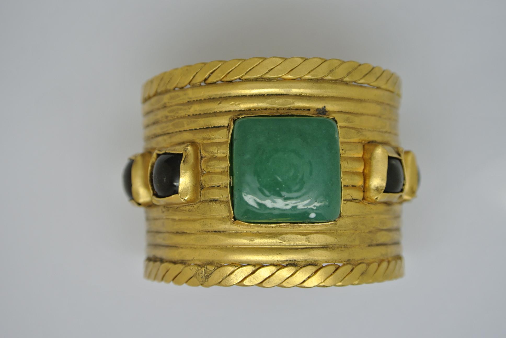 Chanel large bracelet, comes with coloured poured glass. 
Designed by Robert Goossens during 60s. 
very rare design. 