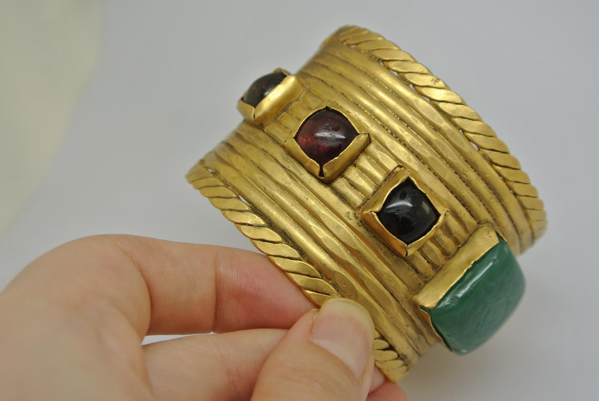 Vintage Chanel green Gripoix Glass Byzantine Statement Bracelet Cuff For Sale 3