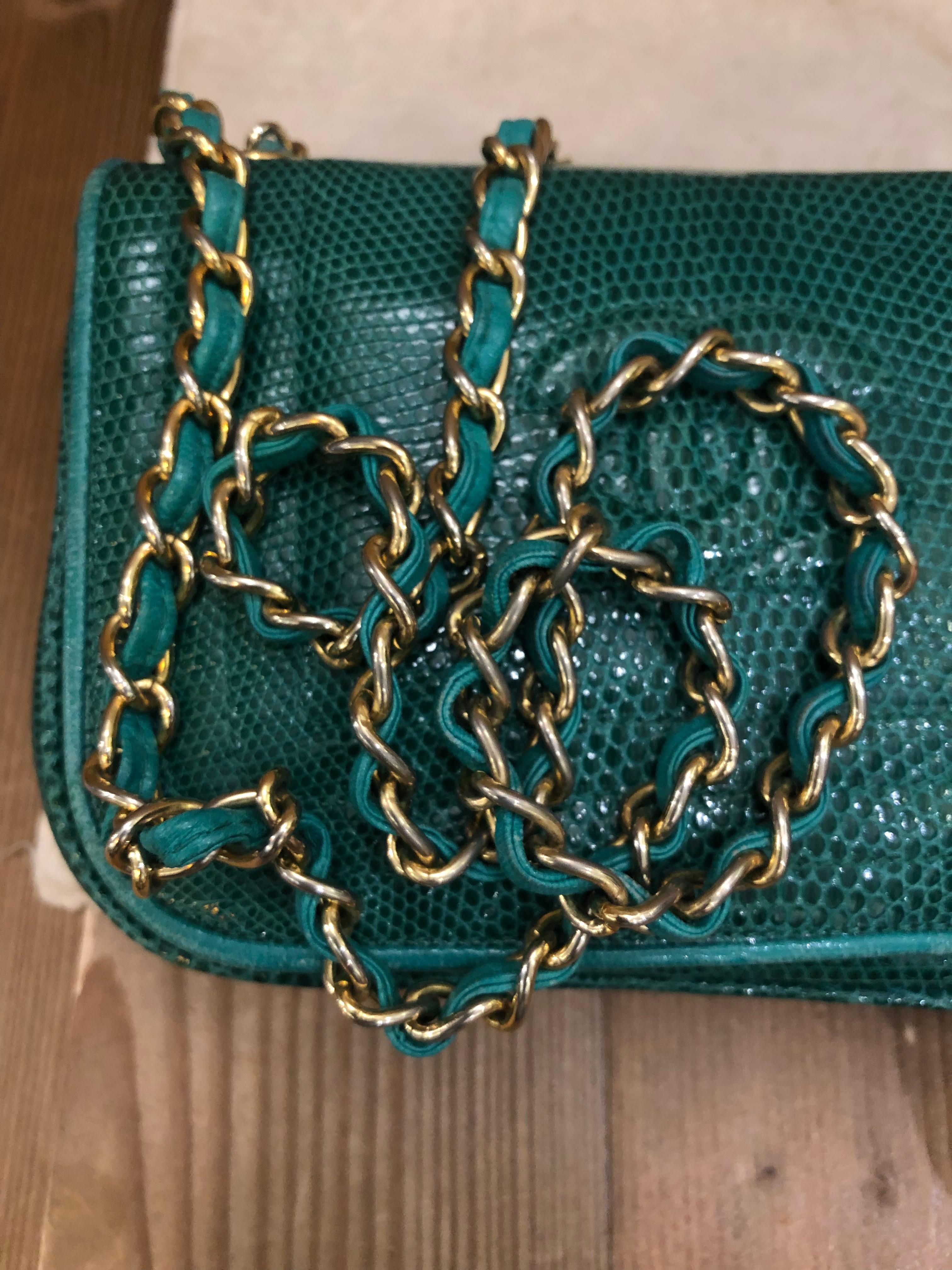 Vintage CHANEL Lizard Flap Bag Small Emerald 1