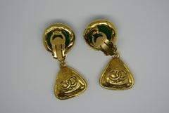 Vintage Chanel Green Poured Glass Logo Drop Earrings