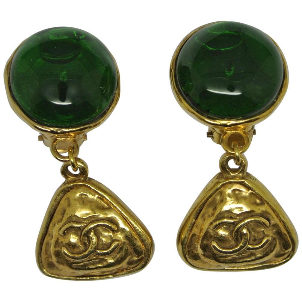 Vintage Chanel Green Poured Glass Logo Drop Earrings For Sale
