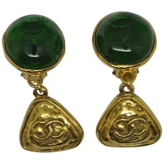 Vintage Chanel Green Poured Glass Logo Drop Earrings