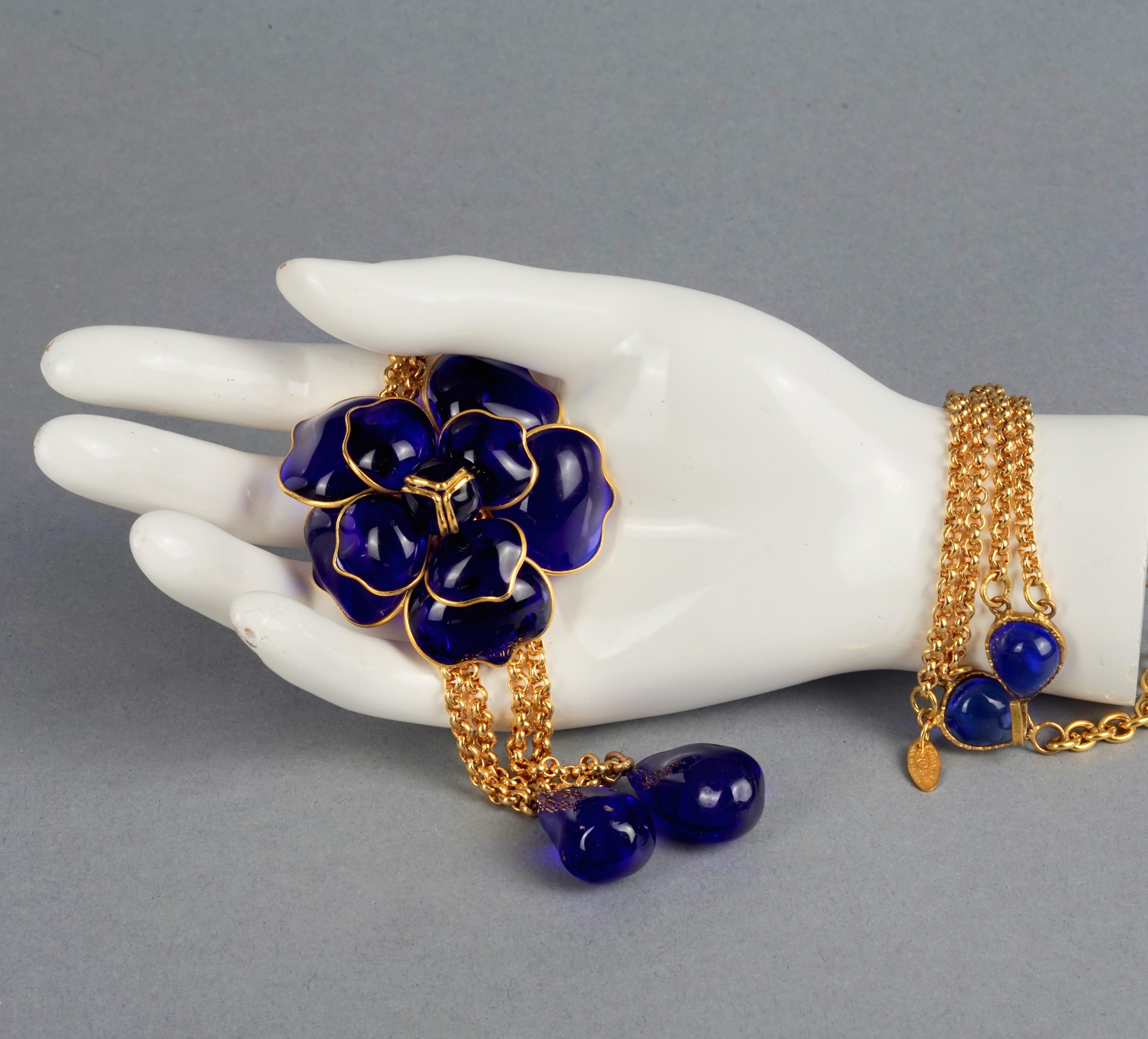 Vintage CHANEL GRIPOIX Blue Camellia Flower Multi Chain Necklace For Sale 6