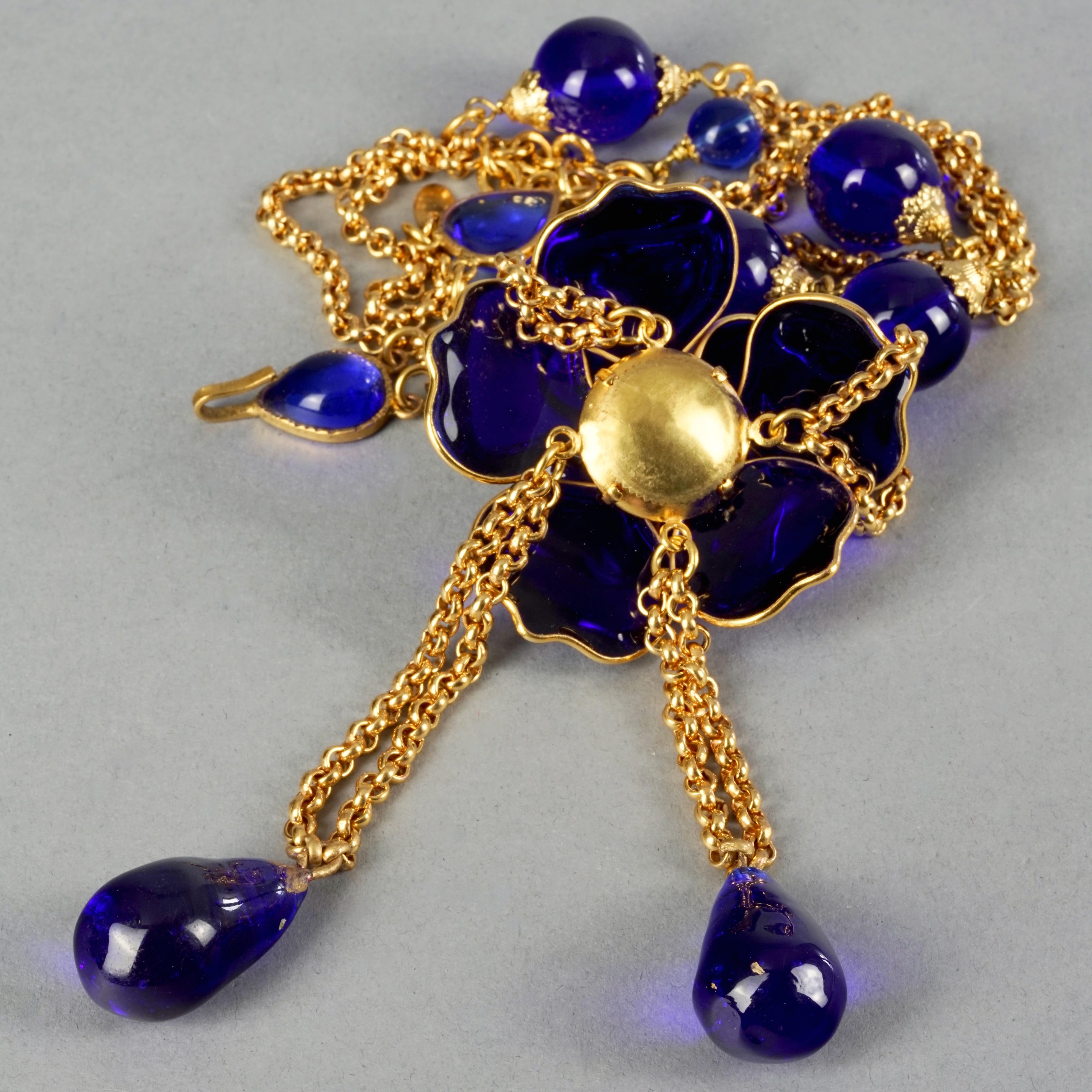 Vintage CHANEL GRIPOIX Blue Camellia Flower Multi Chain Necklace For Sale 7