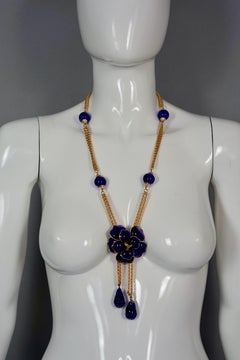 Vintage CHANEL GRIPOIX Blue Camellia Flower Multi Chain Necklace