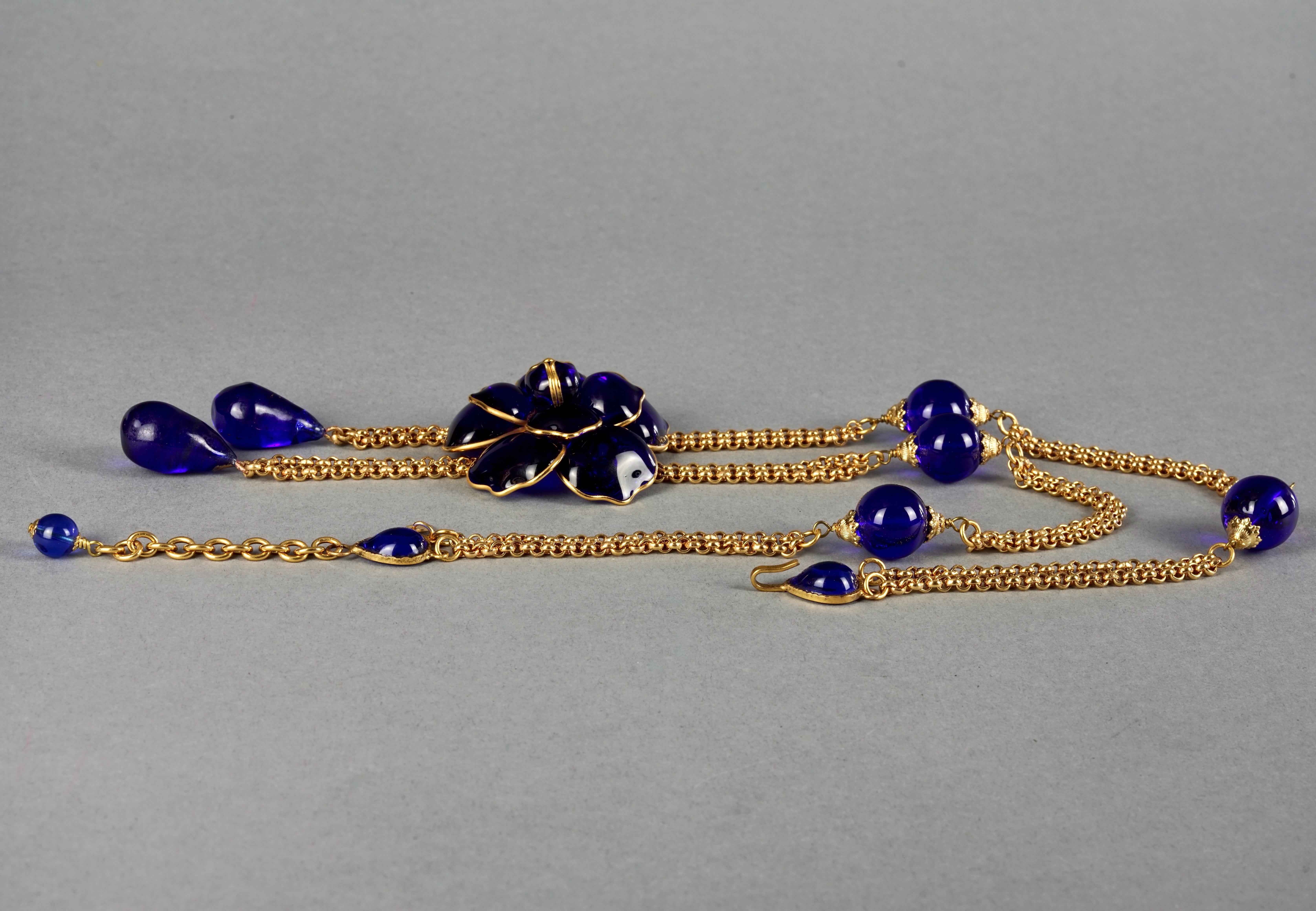 Women's Vintage CHANEL GRIPOIX Blue Camellia Flower Multi Chain Necklace For Sale