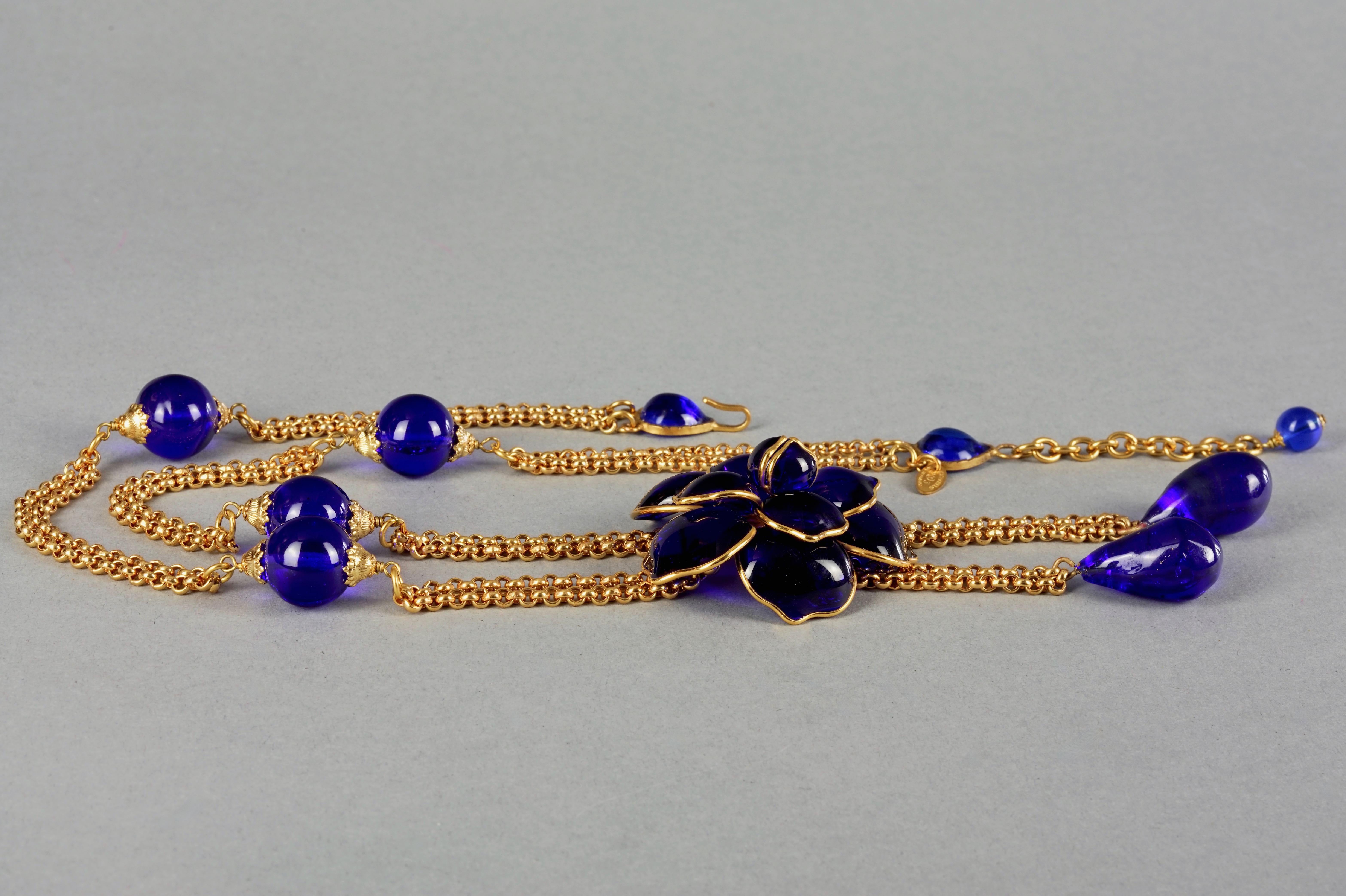 Vintage CHANEL GRIPOIX Blue Camellia Flower Multi Chain Necklace For Sale 1