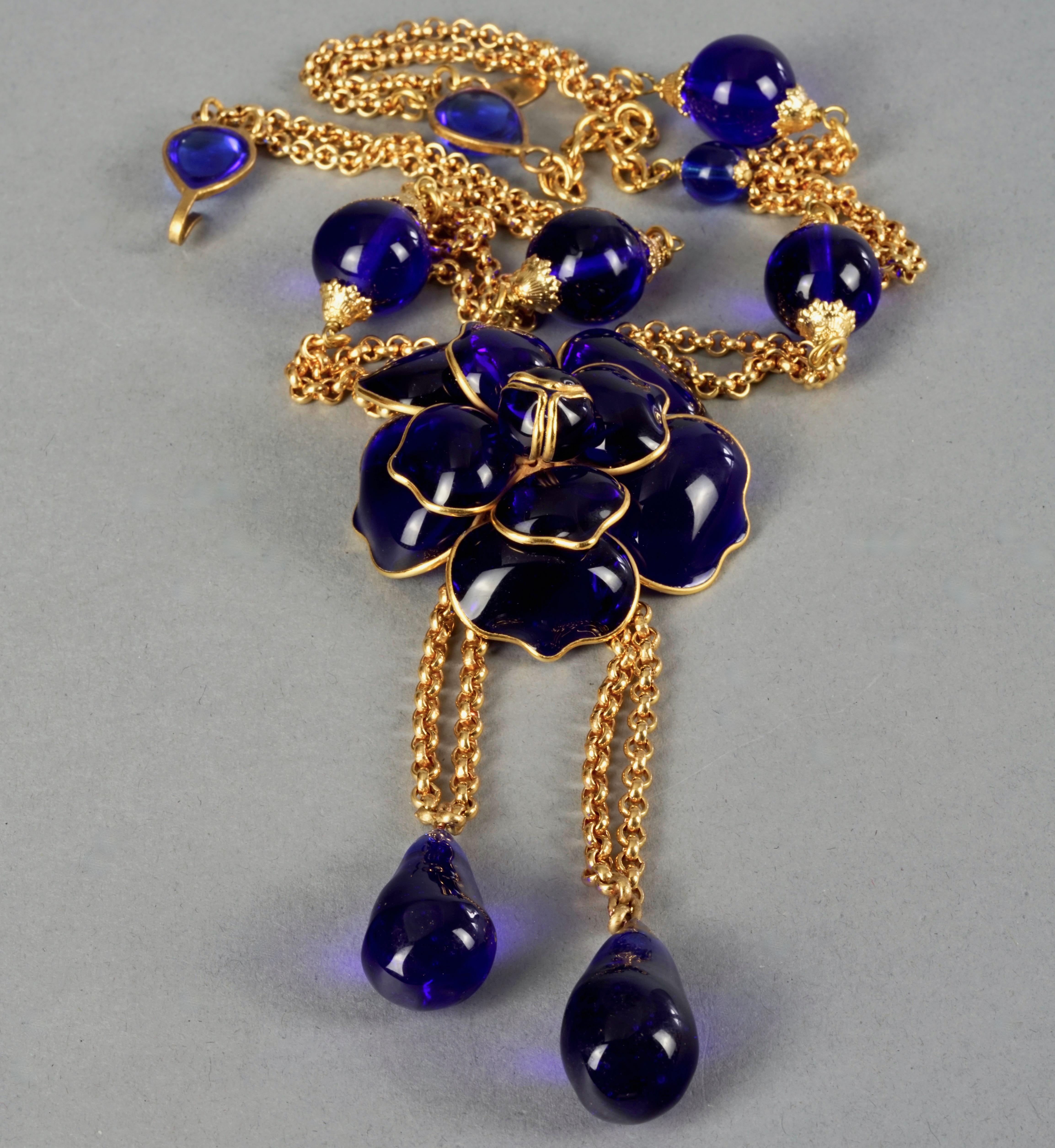 Vintage CHANEL GRIPOIX Blue Camellia Flower Multi Chain Necklace For Sale 2