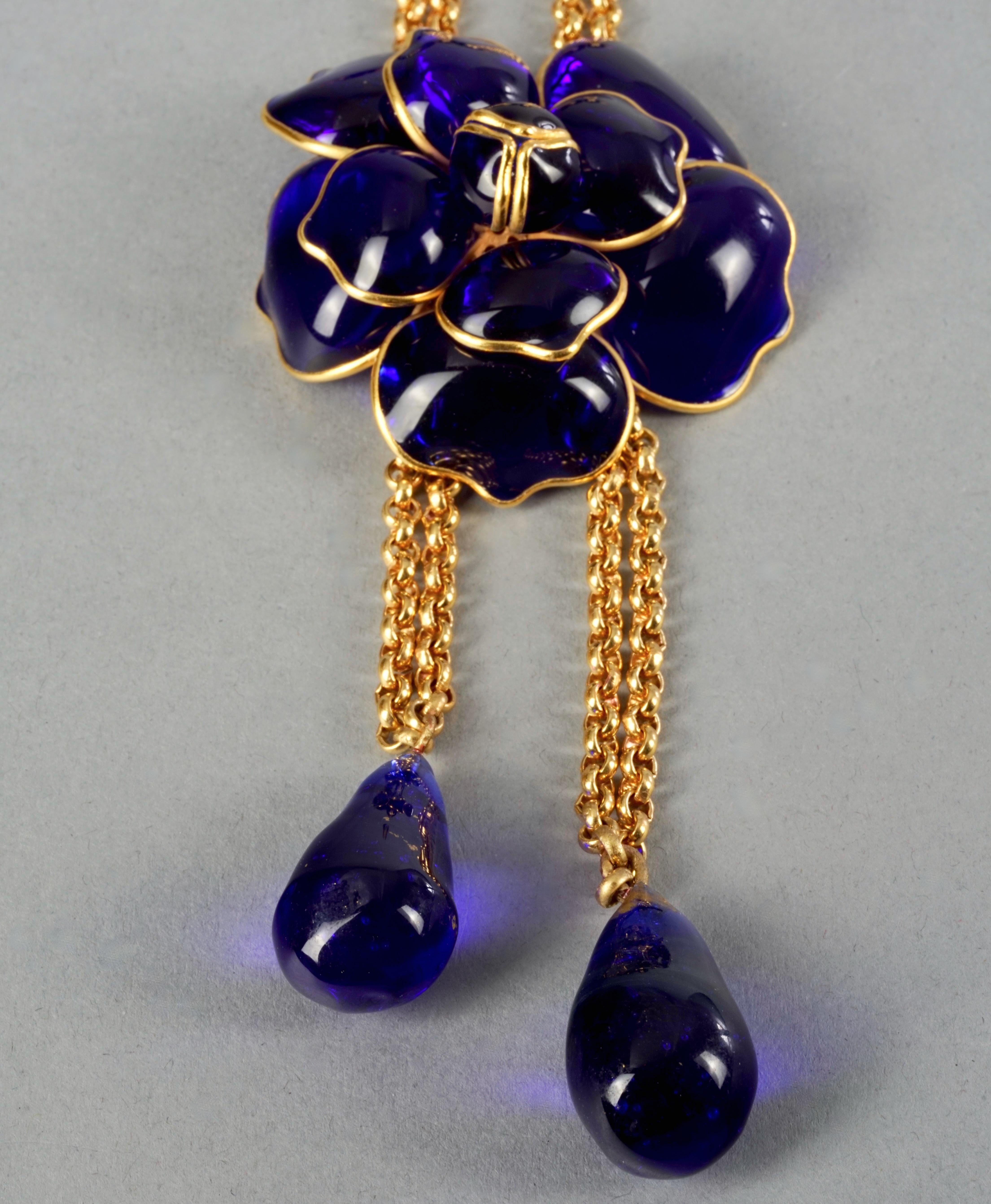 Vintage CHANEL GRIPOIX Blue Camellia Flower Multi Chain Necklace For Sale 3
