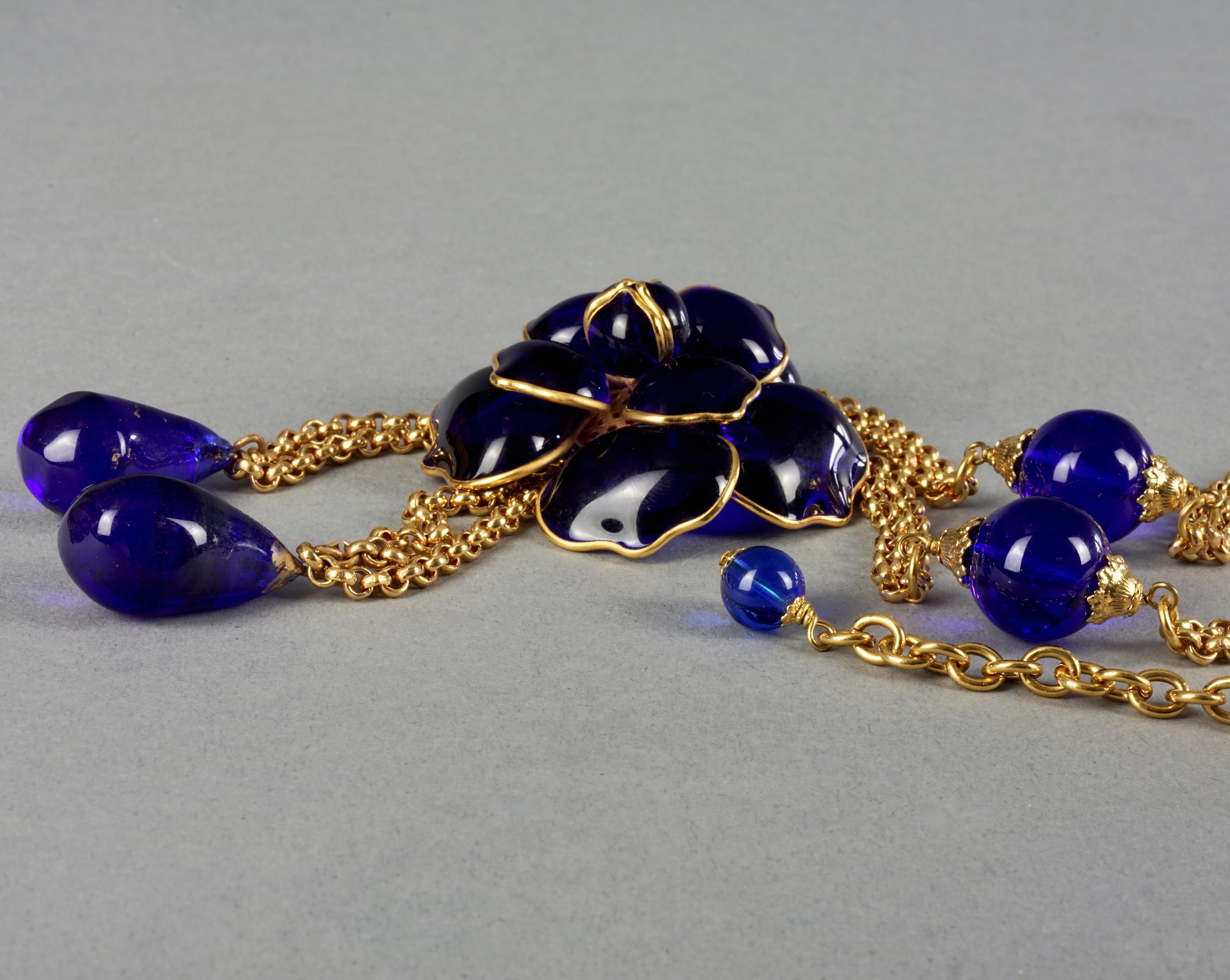Vintage CHANEL GRIPOIX Blue Camellia Flower Multi Chain Necklace For Sale 4
