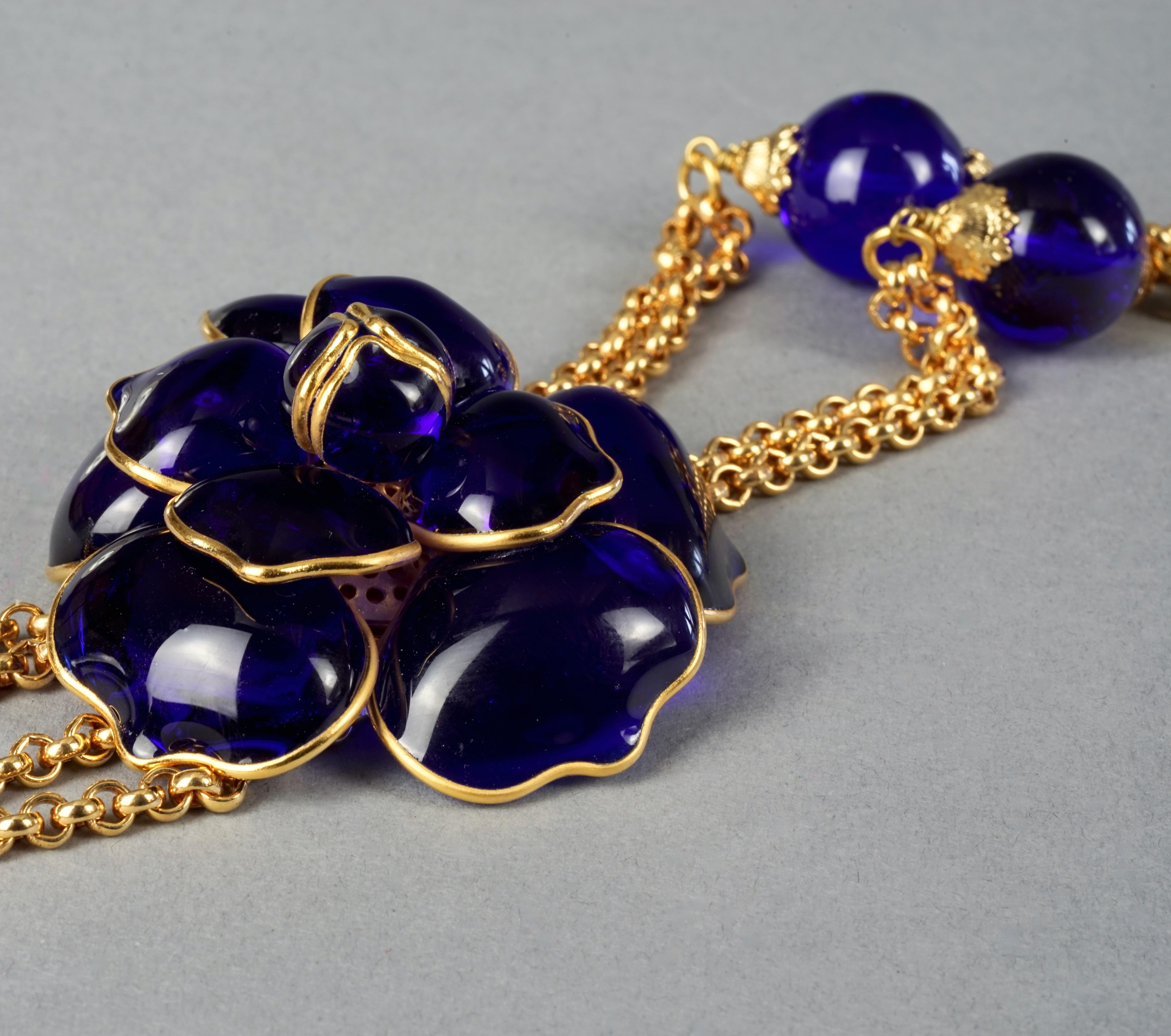 Vintage CHANEL GRIPOIX Blue Camellia Flower Multi Chain Necklace For Sale 5