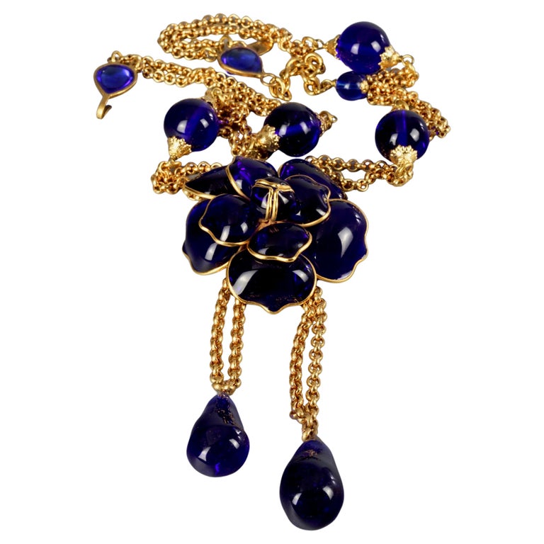 Vintage CHANEL GRIPOIX Blue Camellia Flower Multi Chain Necklace For Sale  at 1stDibs