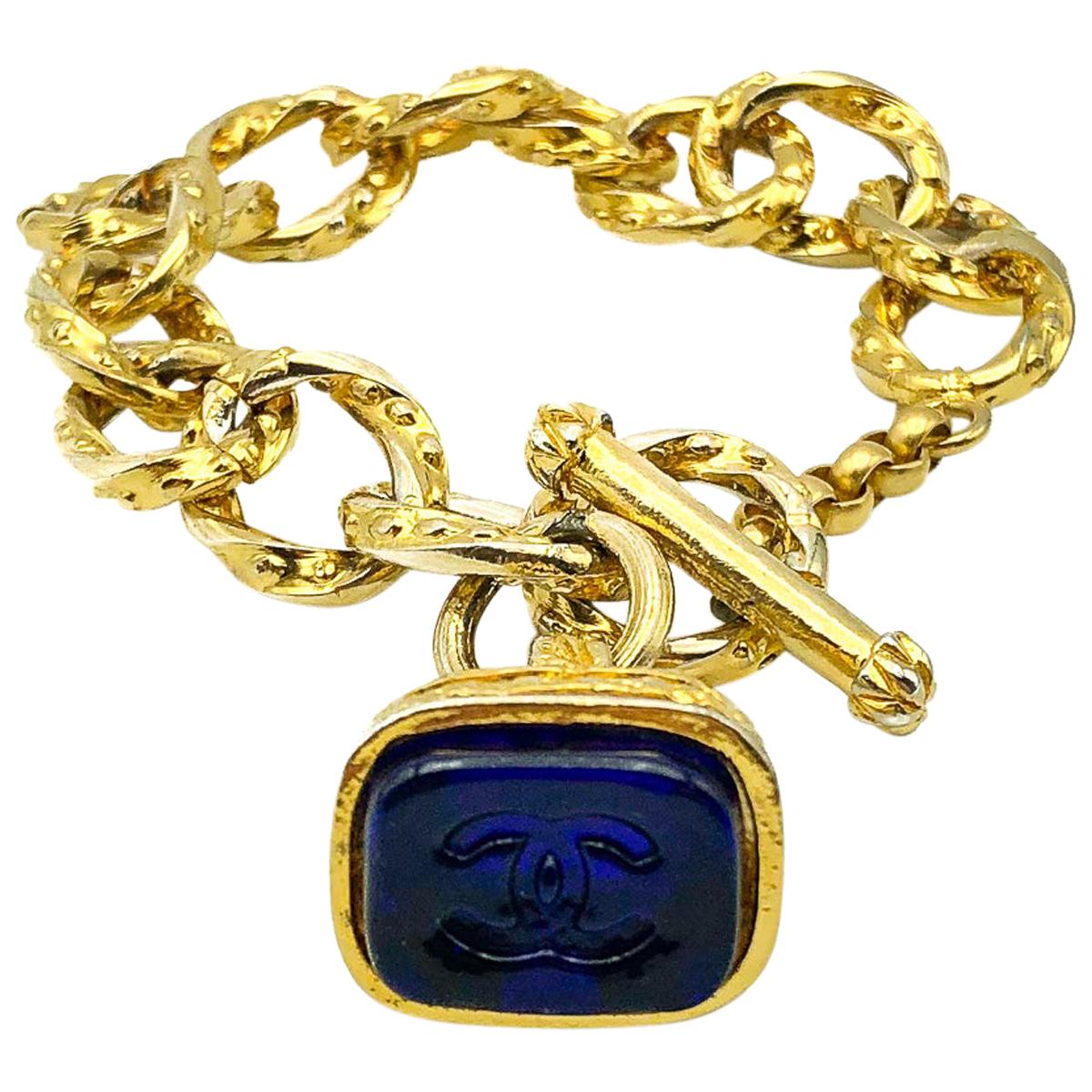 Vintage Chanel Gripoix Charm Bracelet with Blue Pate de Verre Seal Fob 1990s 