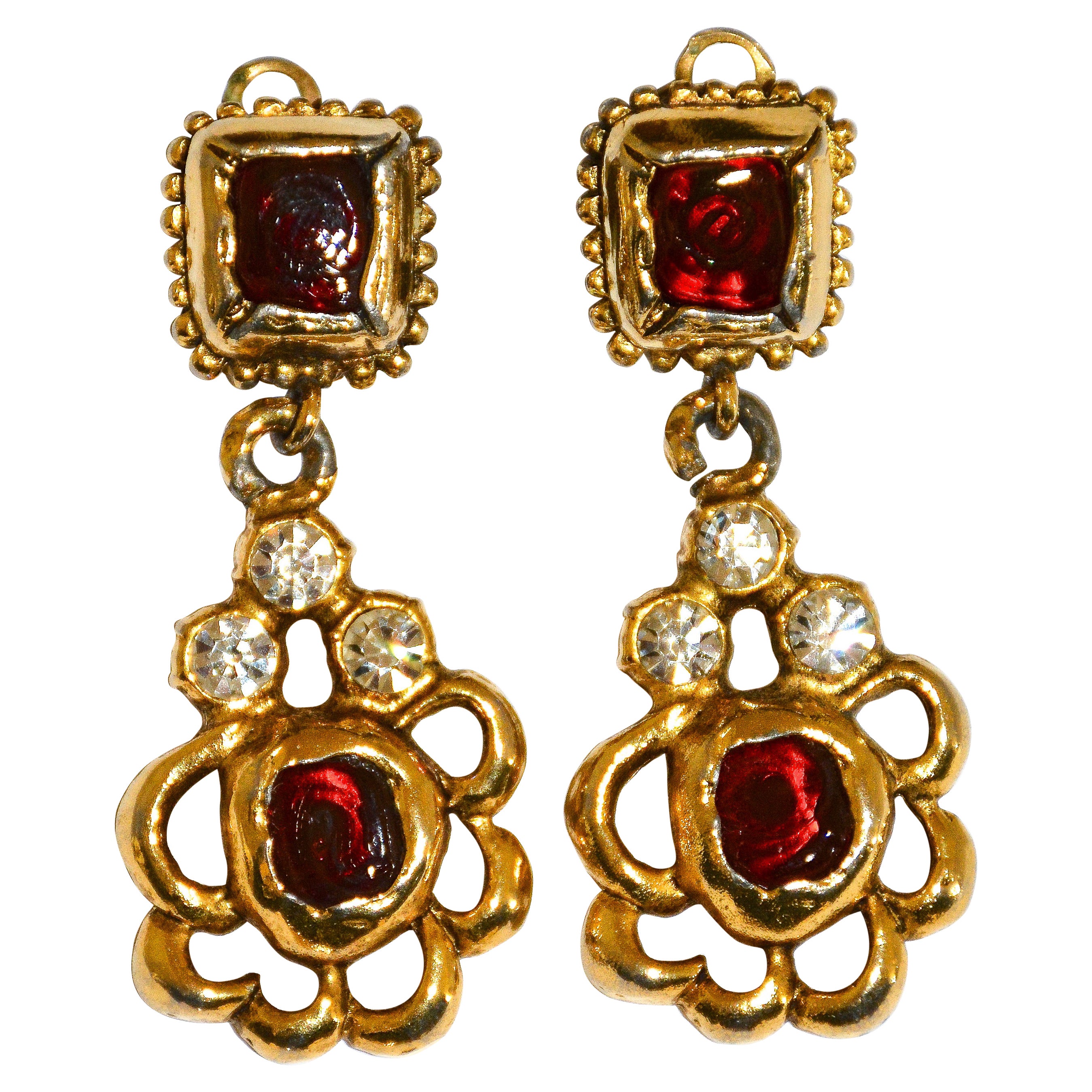 Orecchini a pendente in vetro e strass Chanel Gripoix vintage, anni '80