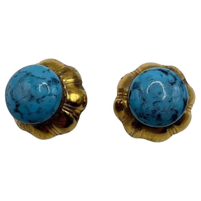 Vintage Chanel Gripoix Glass Turquoise Clip-on Earrings, 1970s For Sale