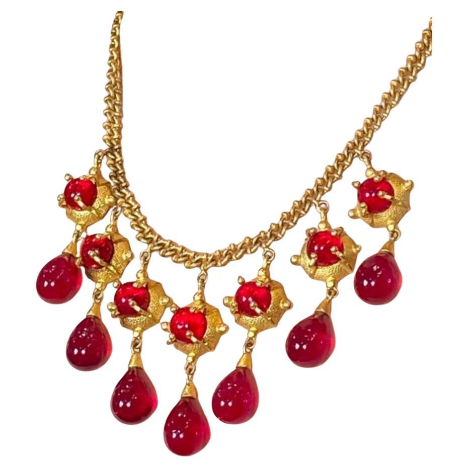 Vintage Chanel Gripoix Pate de Verre Bib Necklace With Red Poured Glass Teardrop