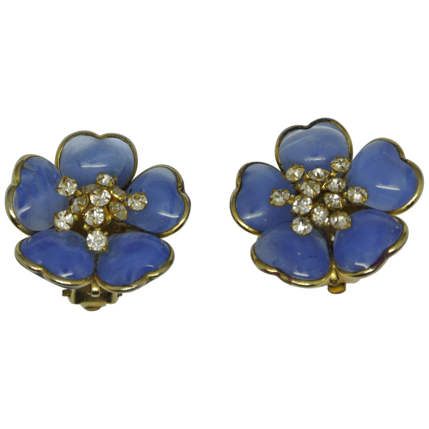 Vintage Chanel Gripoix Poured Glass Blue Flower Earrings For Sale