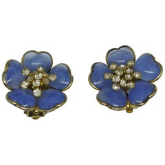 Vintage Chanel Gripoix Poured Glass Blue Flower Earrings
