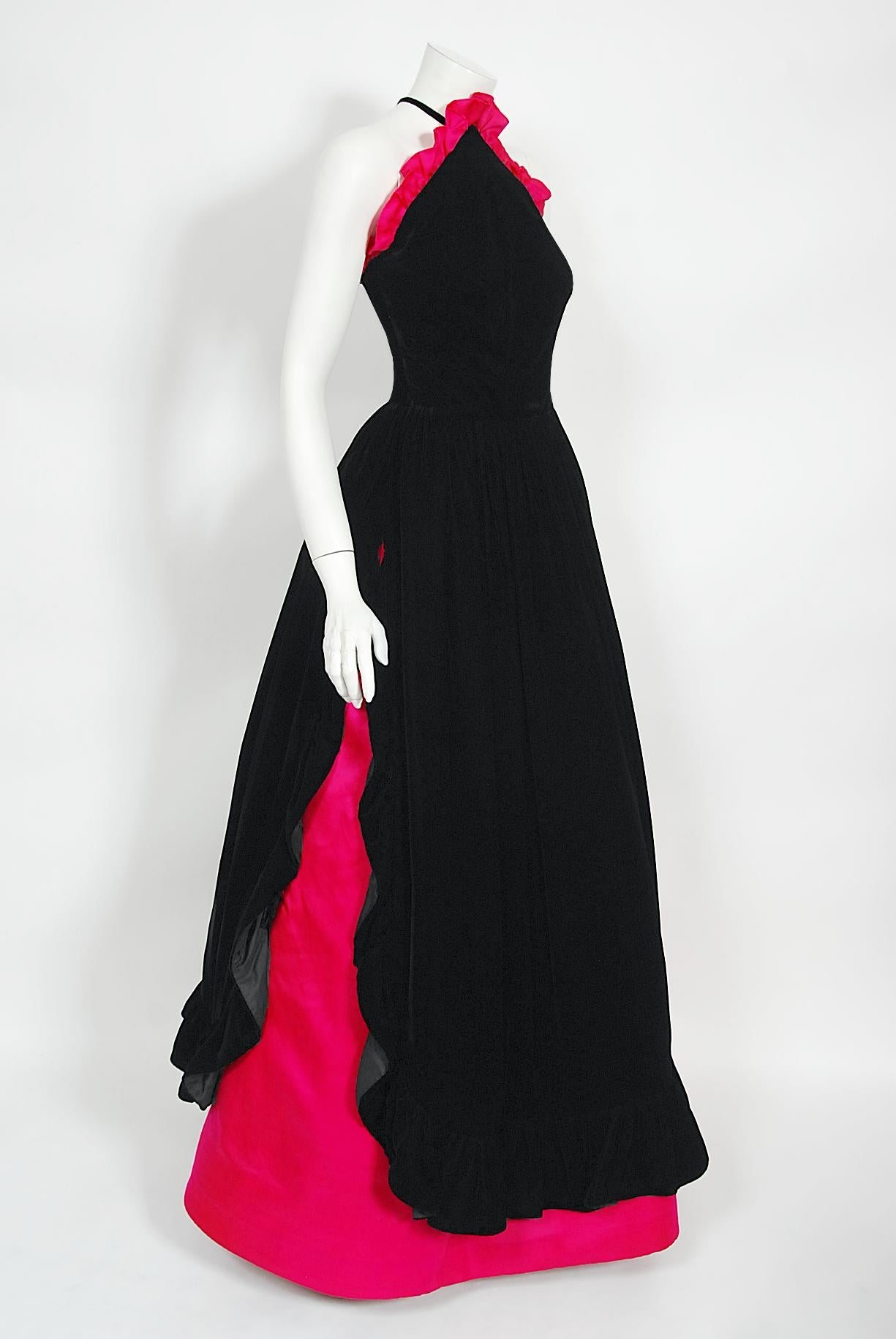 Iconic Vintage Chanel Haute Couture Black Velvet Shocking Pink Silk Halter Gown For Sale 5