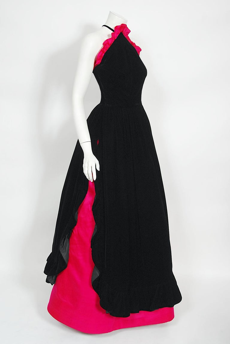 Vintage Chanel Haute Couture Black Velvet and Shocking Pink Silk Halter Gown For Sale 8