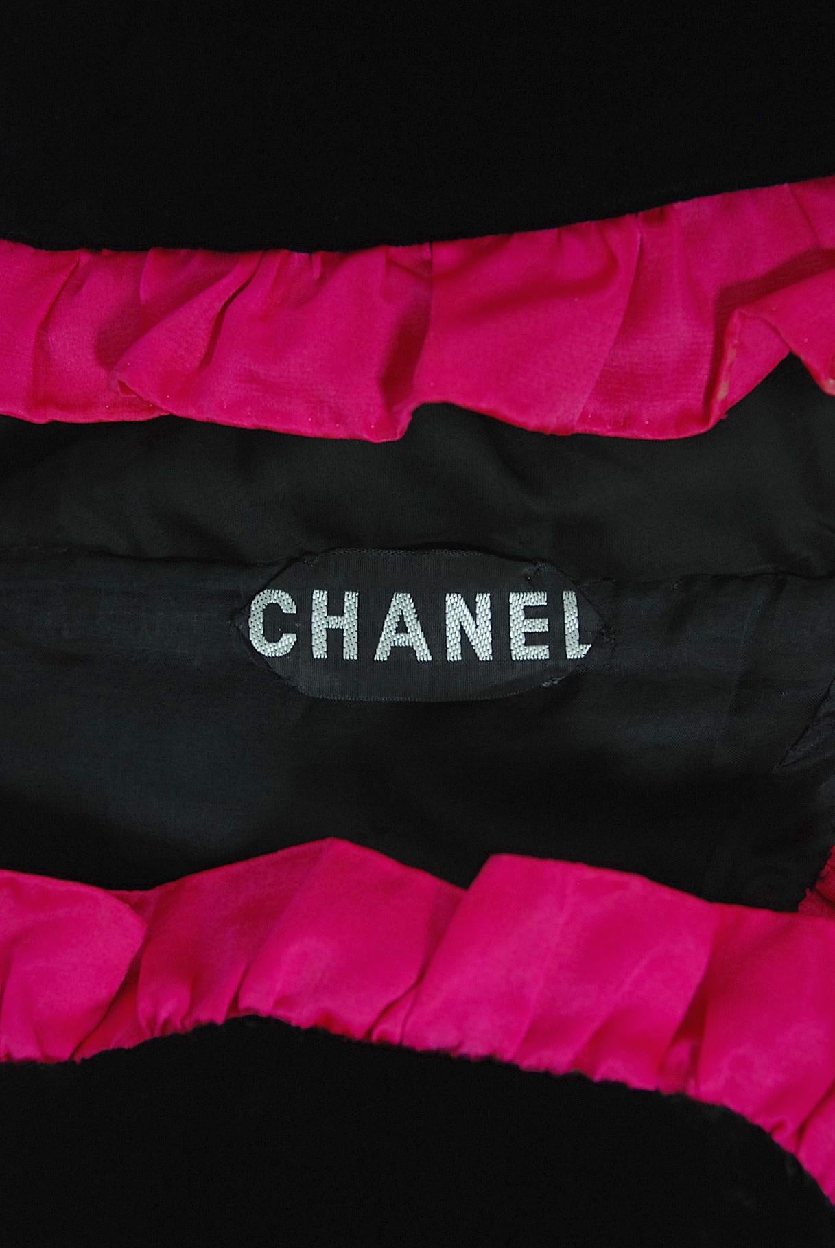 Archival Chanel Haute Couture Black Velvet and Shocking Pink Silk Halter Gown For Sale 9