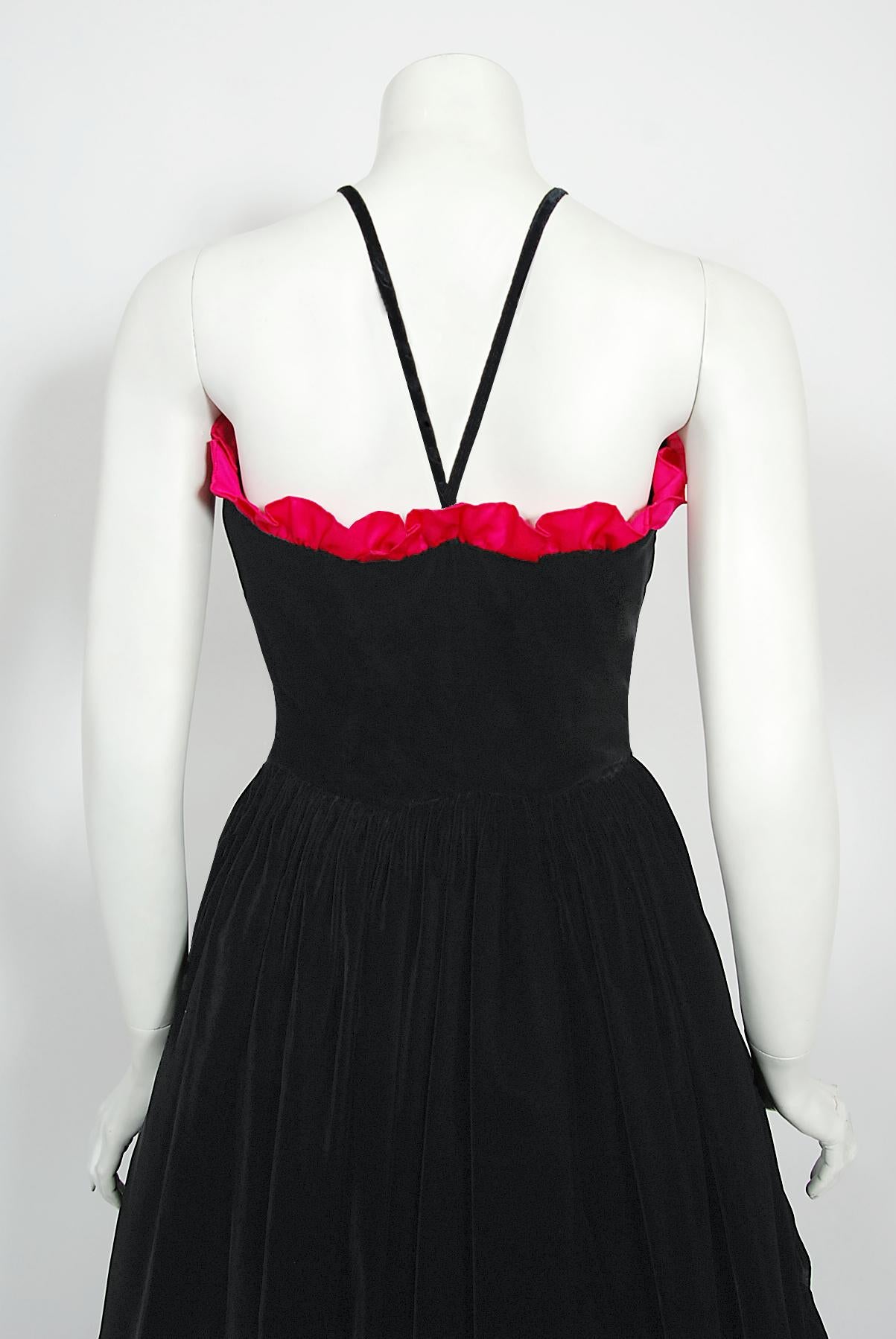 Archival Chanel Haute Couture Black Velvet and Shocking Pink Silk Halter Gown For Sale 7