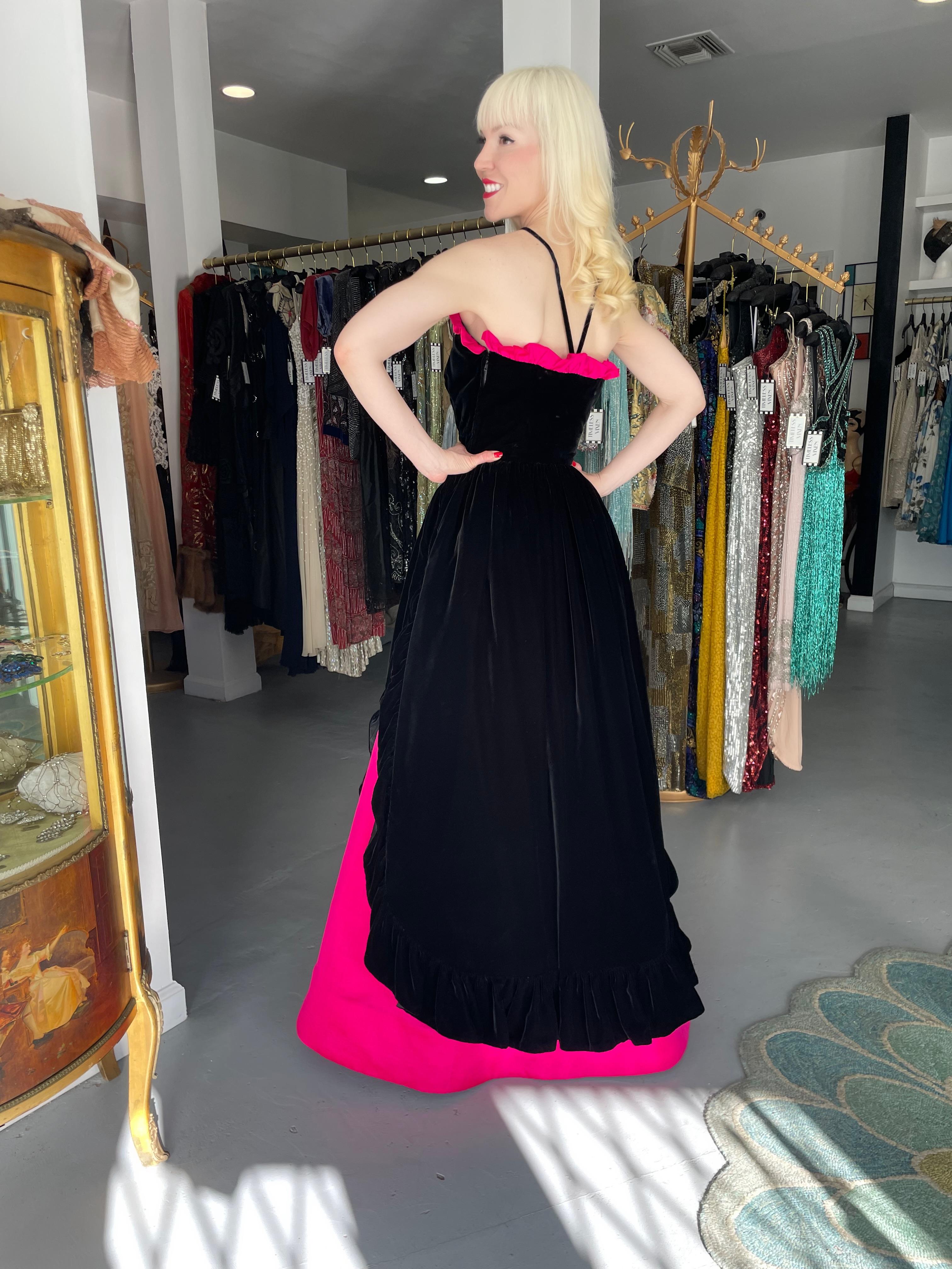 Iconic Vintage Chanel Haute Couture Black Velvet Shocking Pink Silk Halter Gown For Sale 8