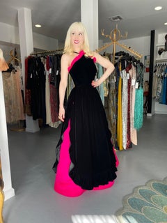 Archival Chanel Haute Couture Black Velvet and Shocking Pink Silk Halter Gown