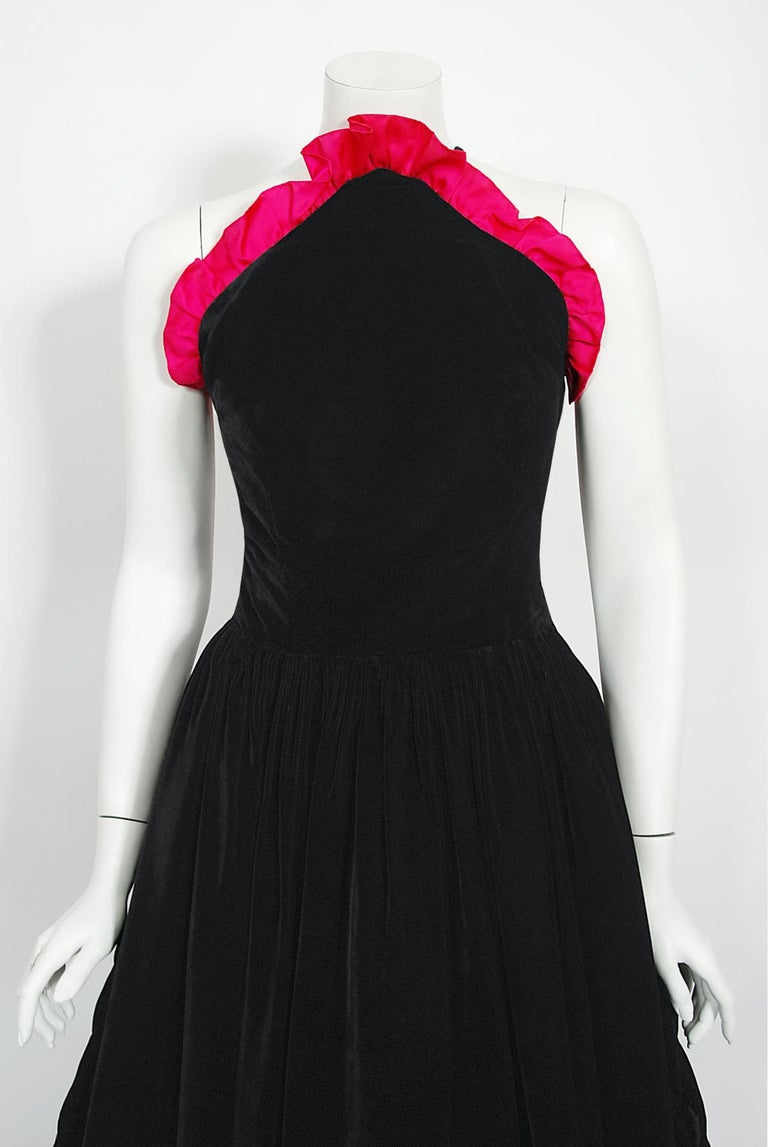 Women's Vintage Chanel Haute Couture Black Velvet and Shocking Pink Silk Halter Gown For Sale