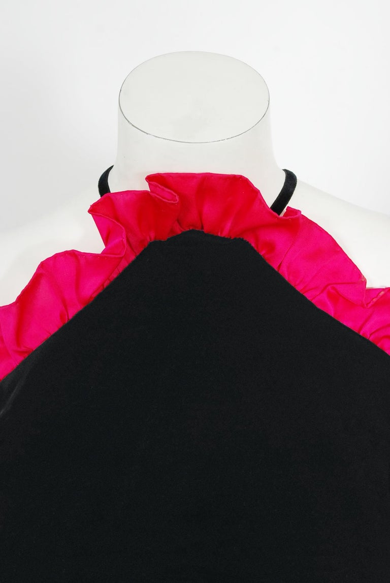 Vintage Chanel Haute Couture Black Velvet and Shocking Pink Silk Halter Gown For Sale 1