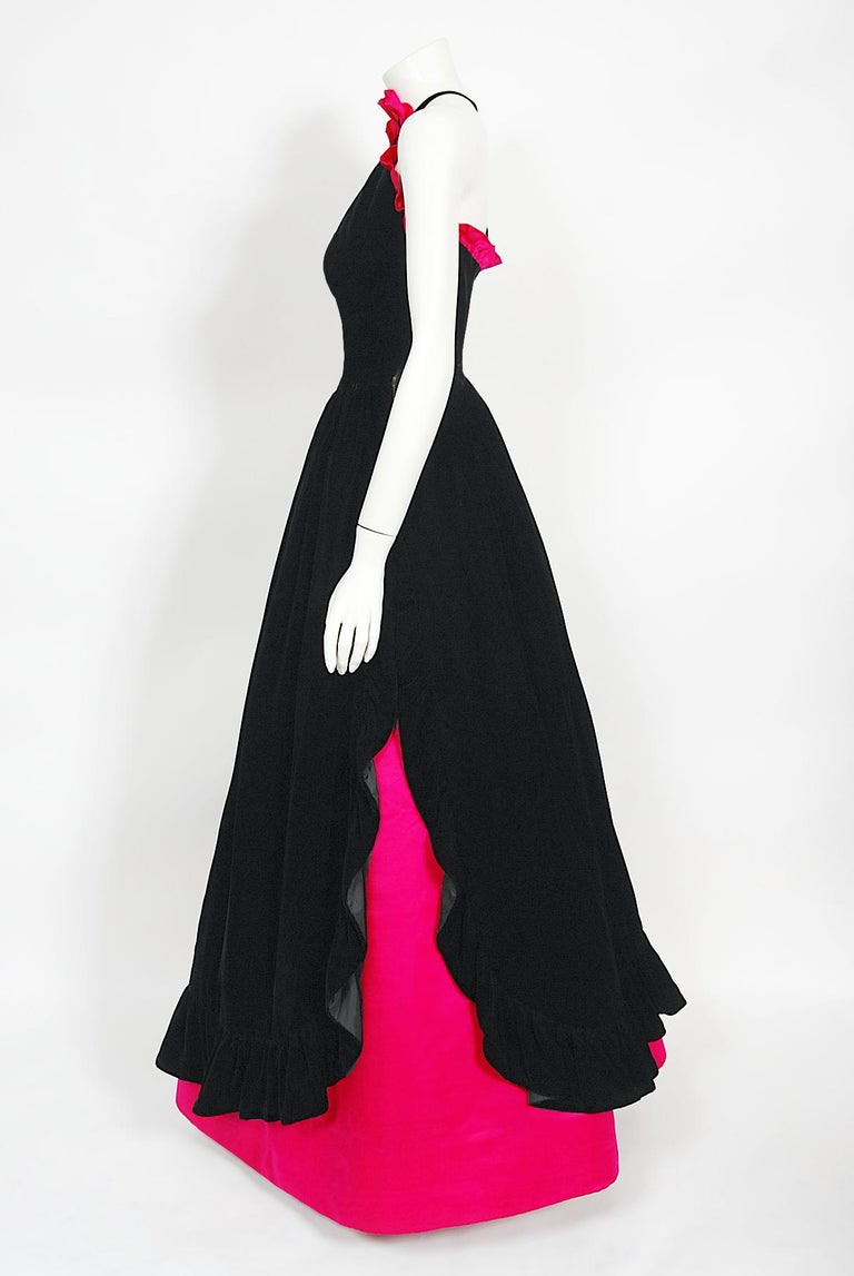 Vintage Chanel Haute Couture Black Velvet and Shocking Pink Silk Halter Gown For Sale 3