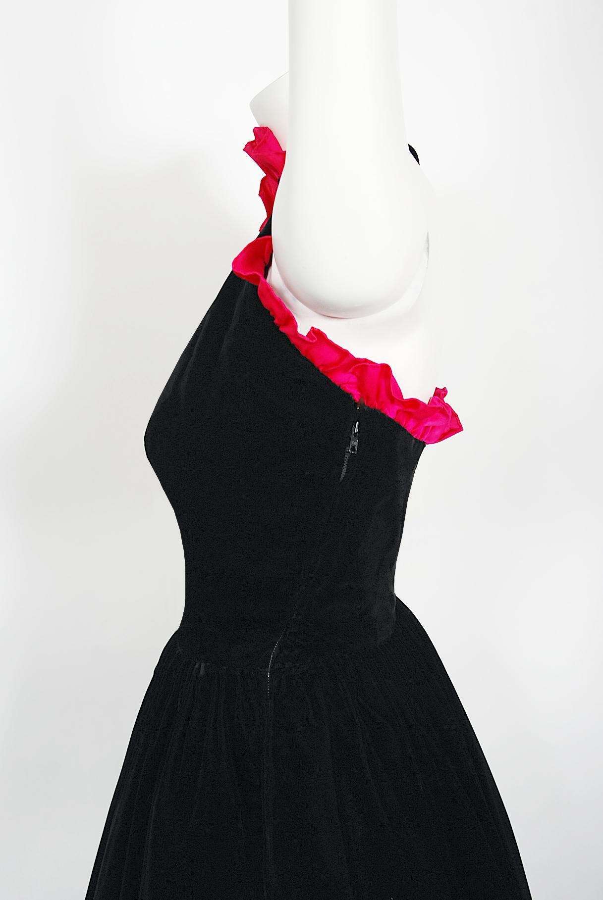 Iconic Vintage Chanel Haute Couture Black Velvet Shocking Pink Silk Halter Gown For Sale 2
