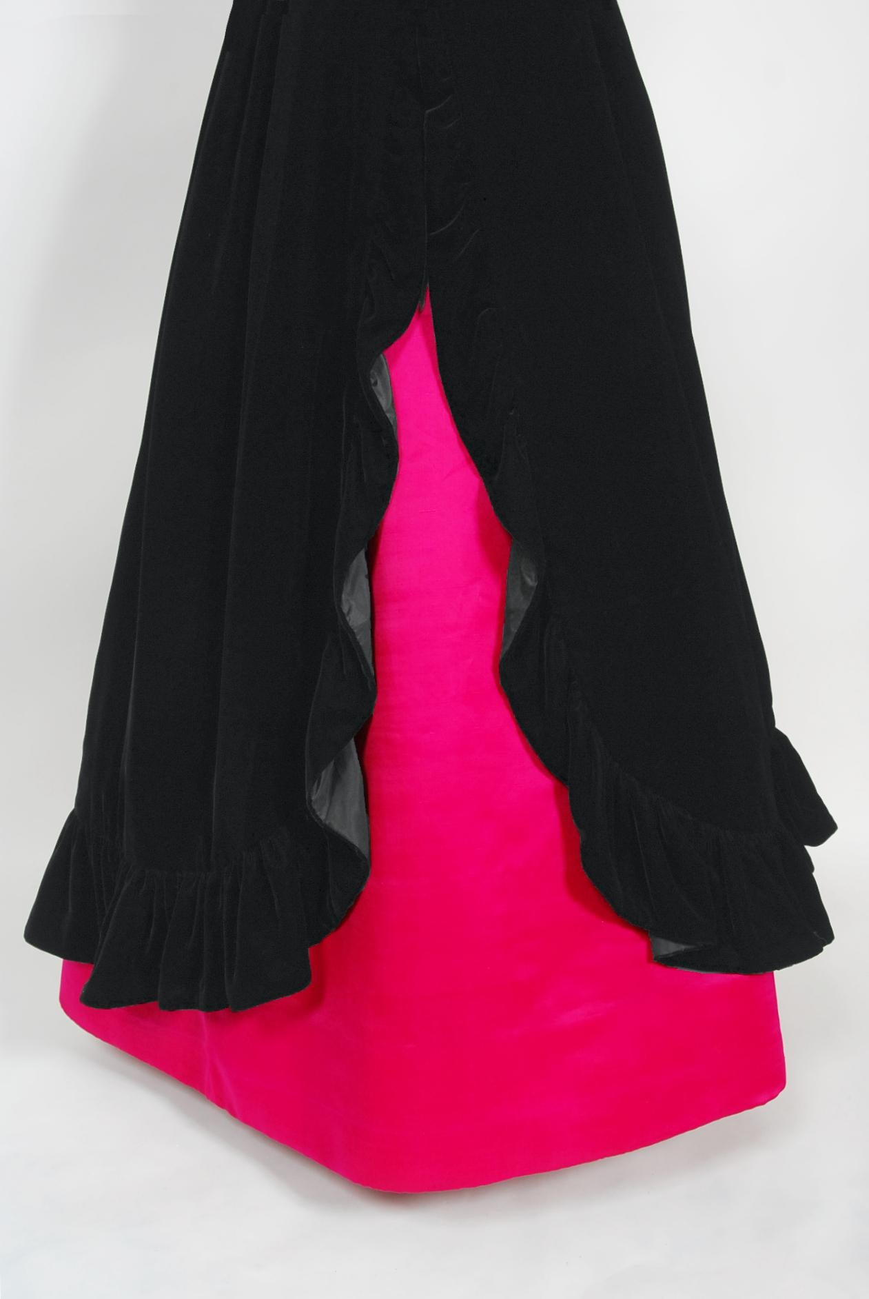 Iconic Vintage Chanel Haute Couture Black Velvet Shocking Pink Silk Halter Gown For Sale 3
