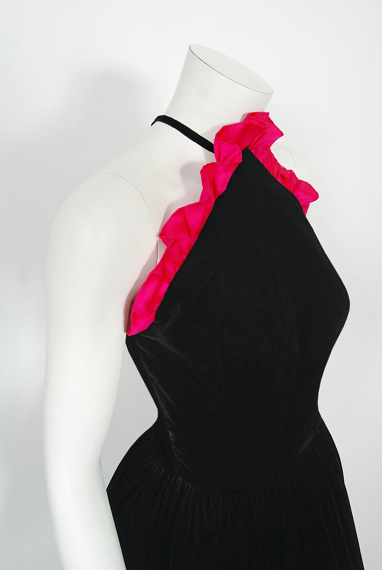 Iconic Vintage Chanel Haute Couture Black Velvet Shocking Pink Silk Halter Gown For Sale 4