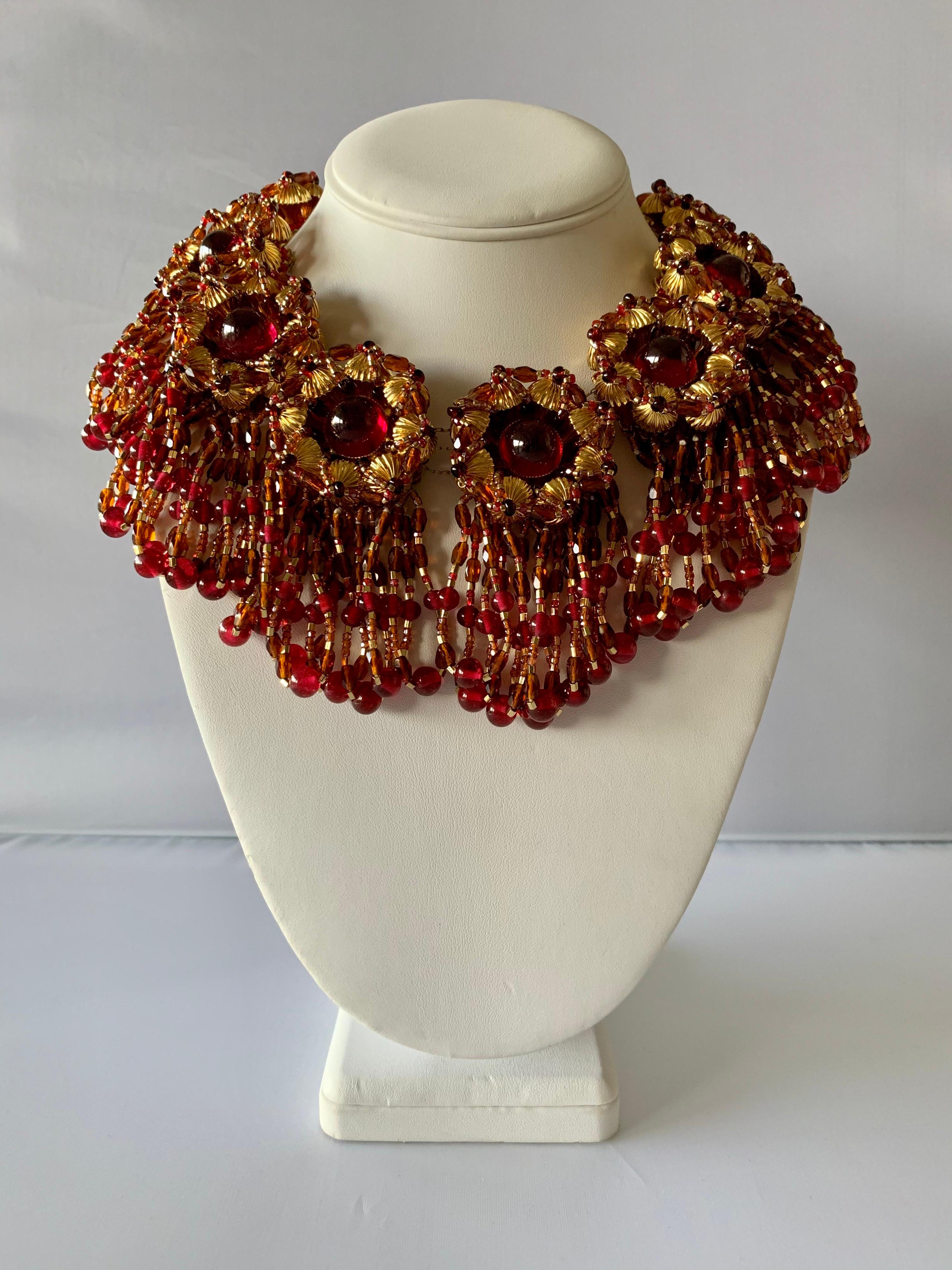 Monumental (one a kind) vintage haute couture beaded bib statement necklace, by William de Lillo for Coco Chanel haute couture circa 1980. Comprised out of gilt metal dore (14k plate) the necklace features eleven large round beaded segments, which
