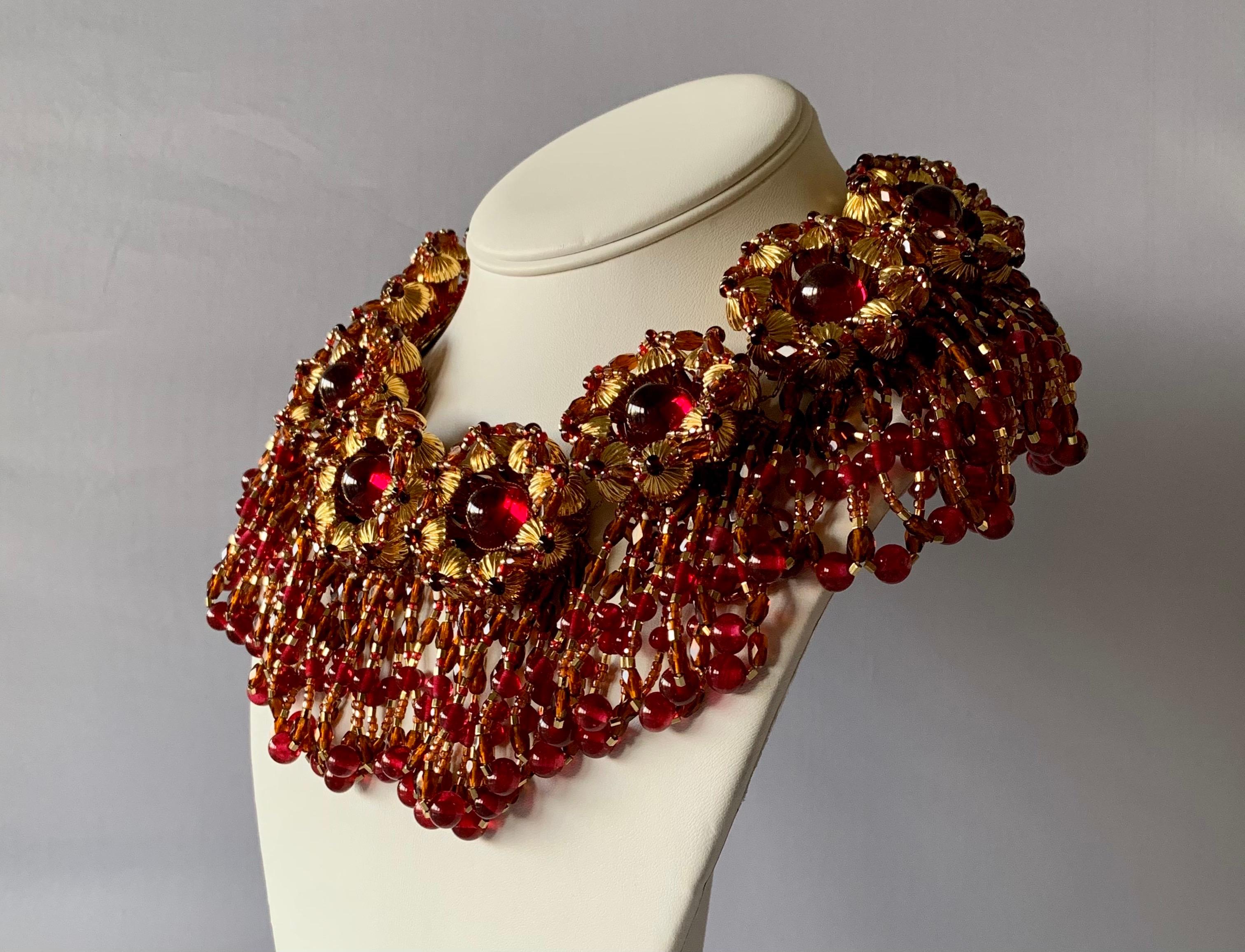 Artisan Vintage Chanel Haute Couture Gold and Red Fringe Statement Necklace
