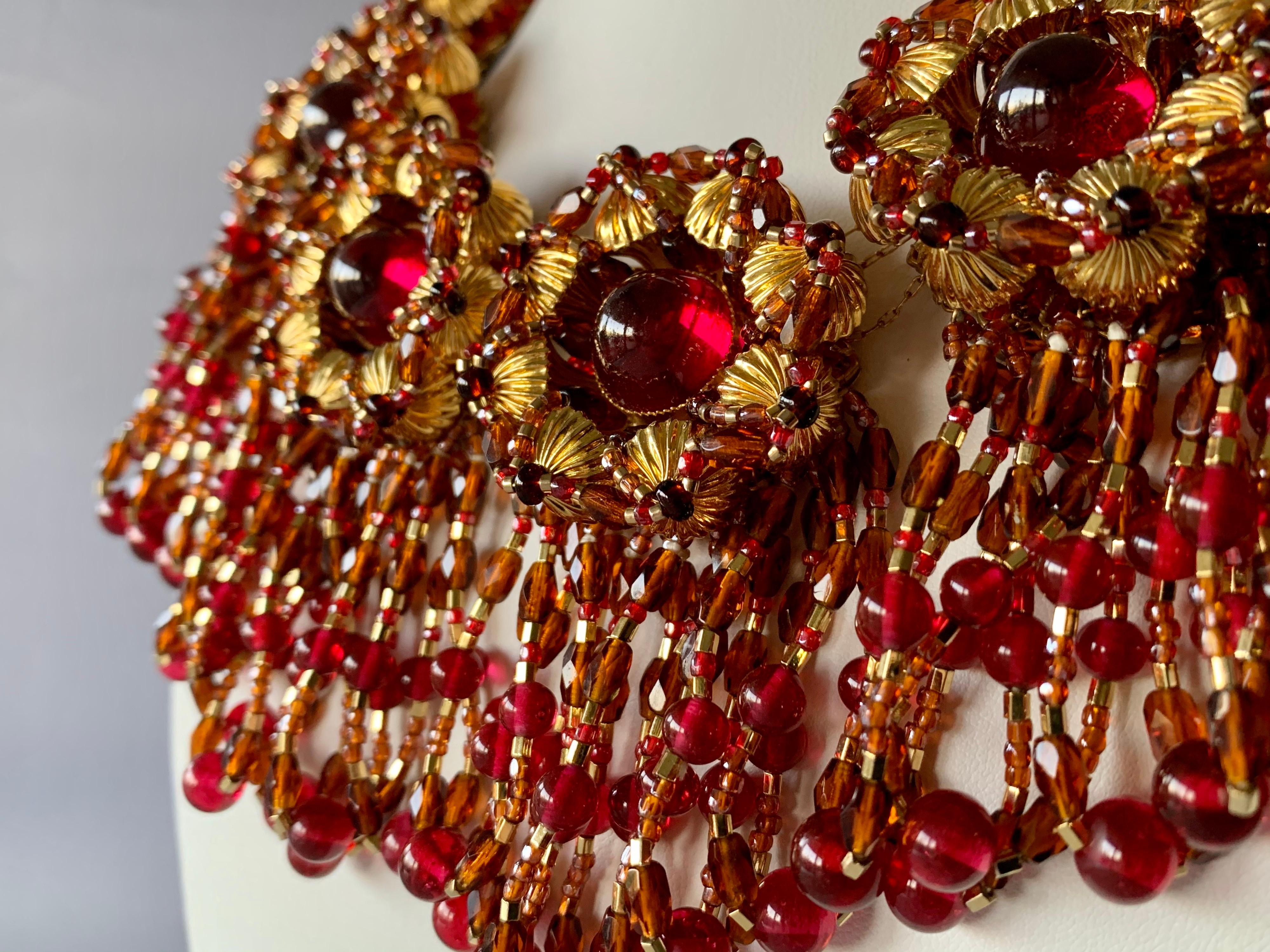 Vintage Chanel Haute Couture Gold and Red Fringe Statement Necklace In Excellent Condition In Palm Springs, CA