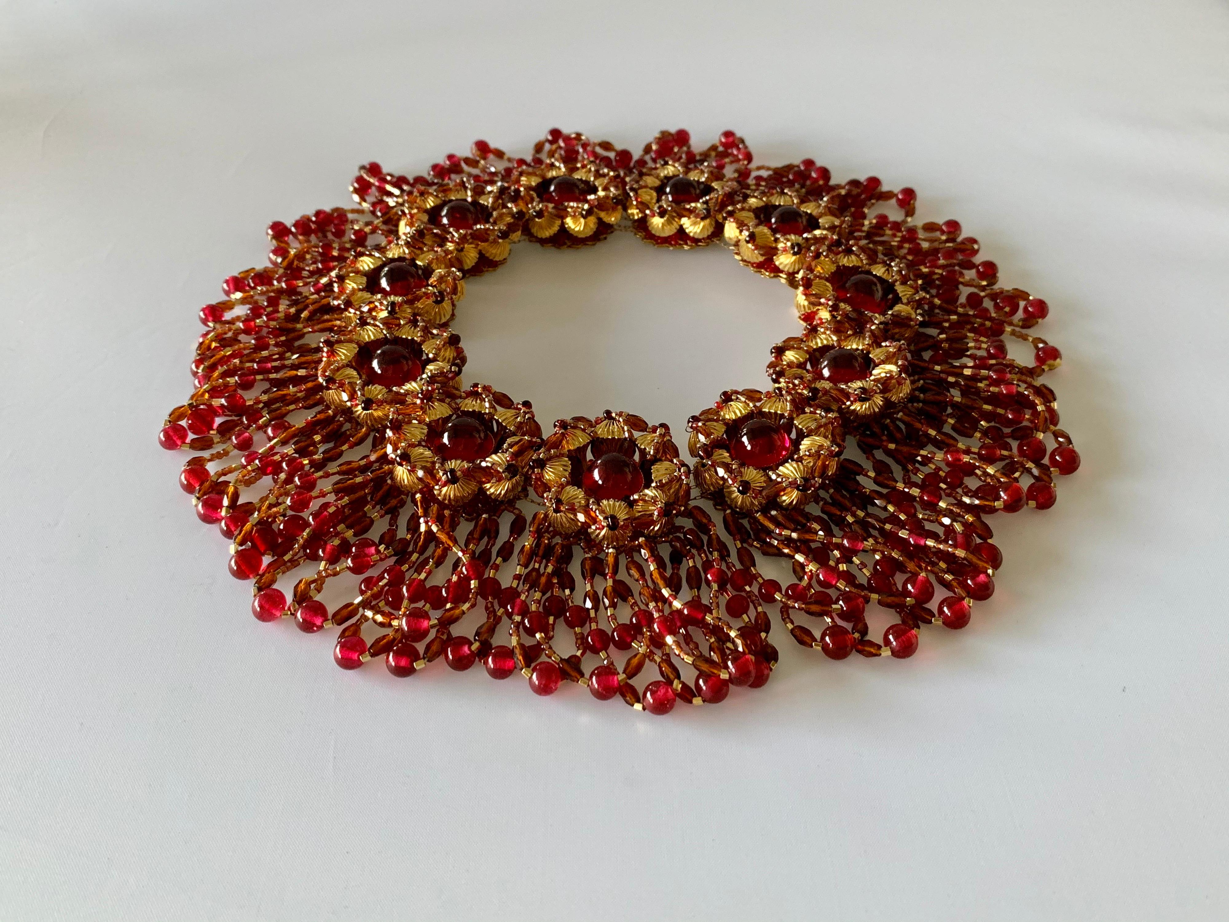 Women's Vintage Chanel Haute Couture Gold and Red Fringe Statement Necklace