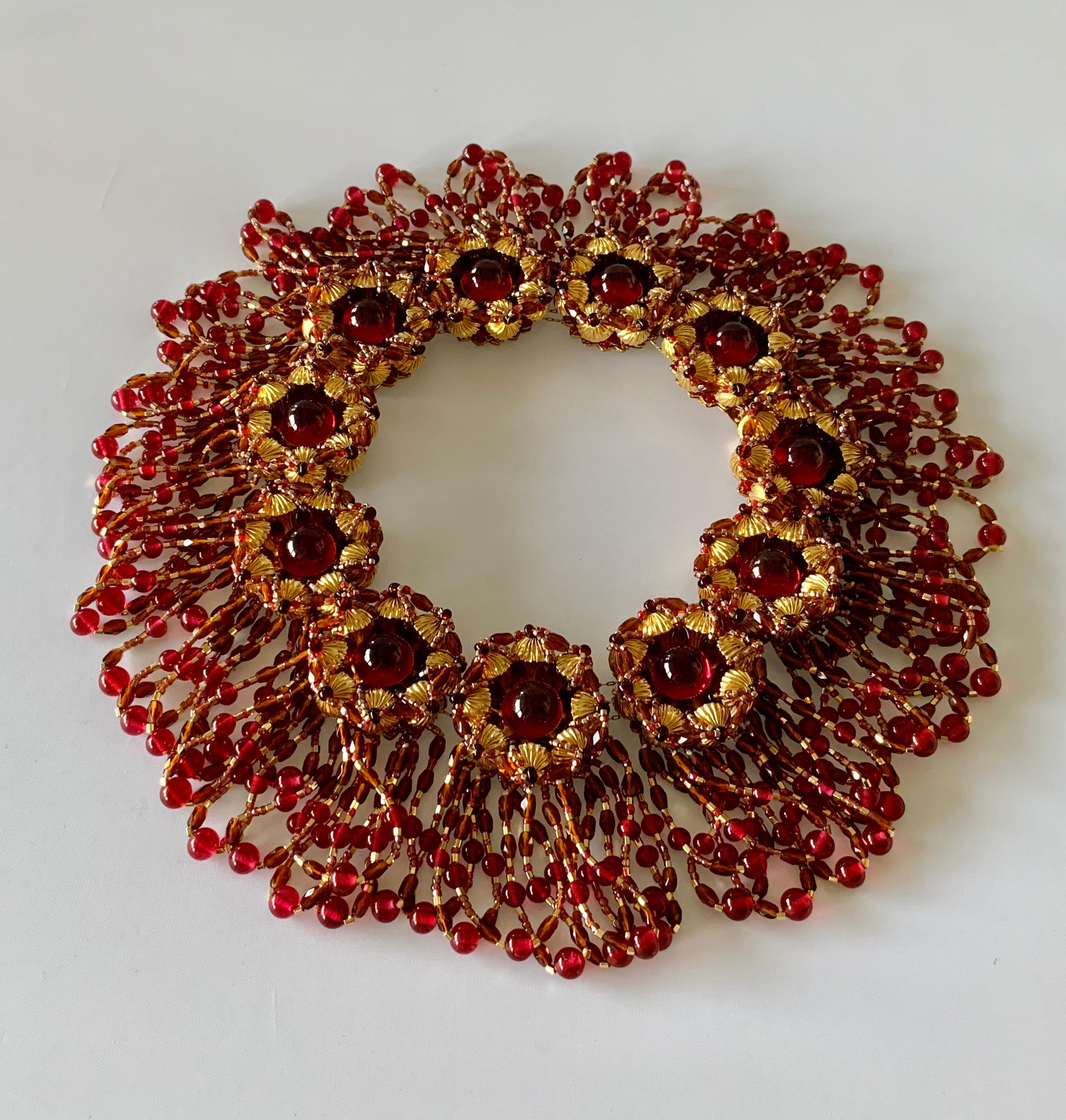 Vintage Chanel Haute Couture Gold and Red Fringe Statement Necklace 1