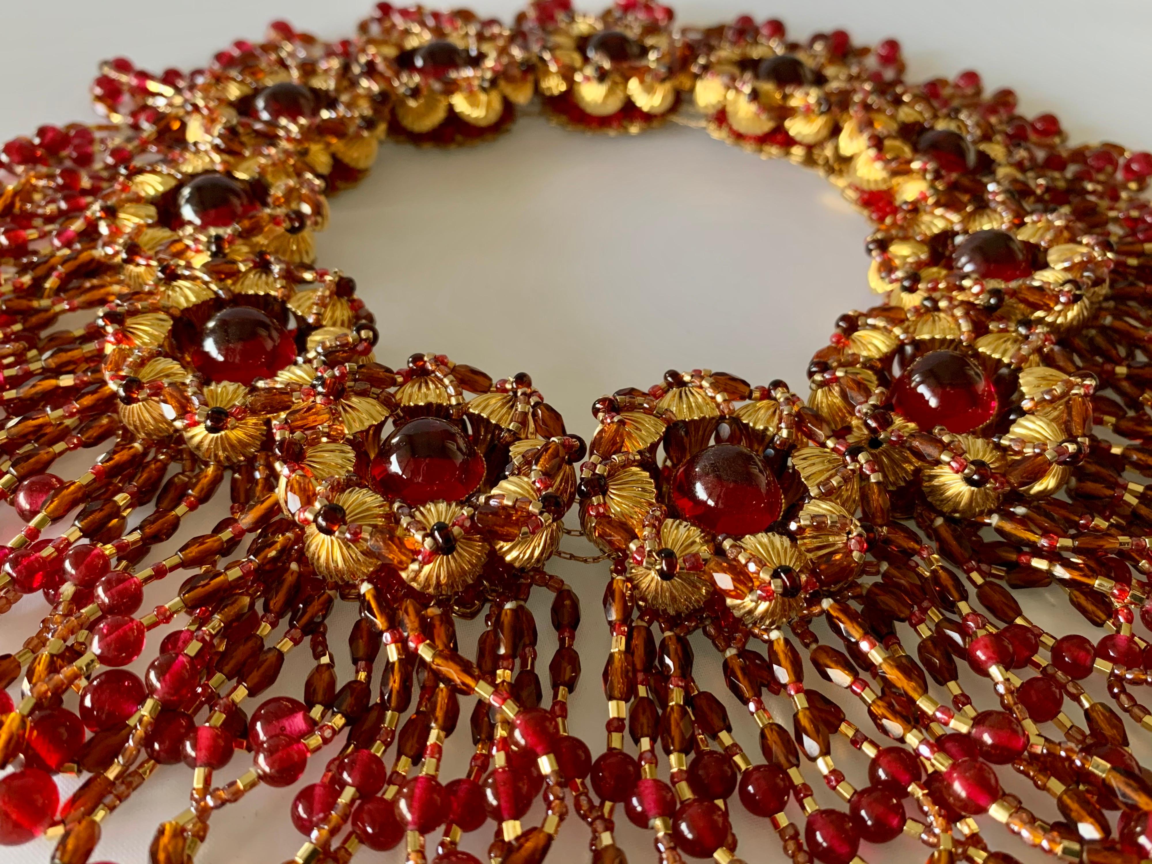 Vintage Chanel Haute Couture Gold and Red Fringe Statement Necklace 2