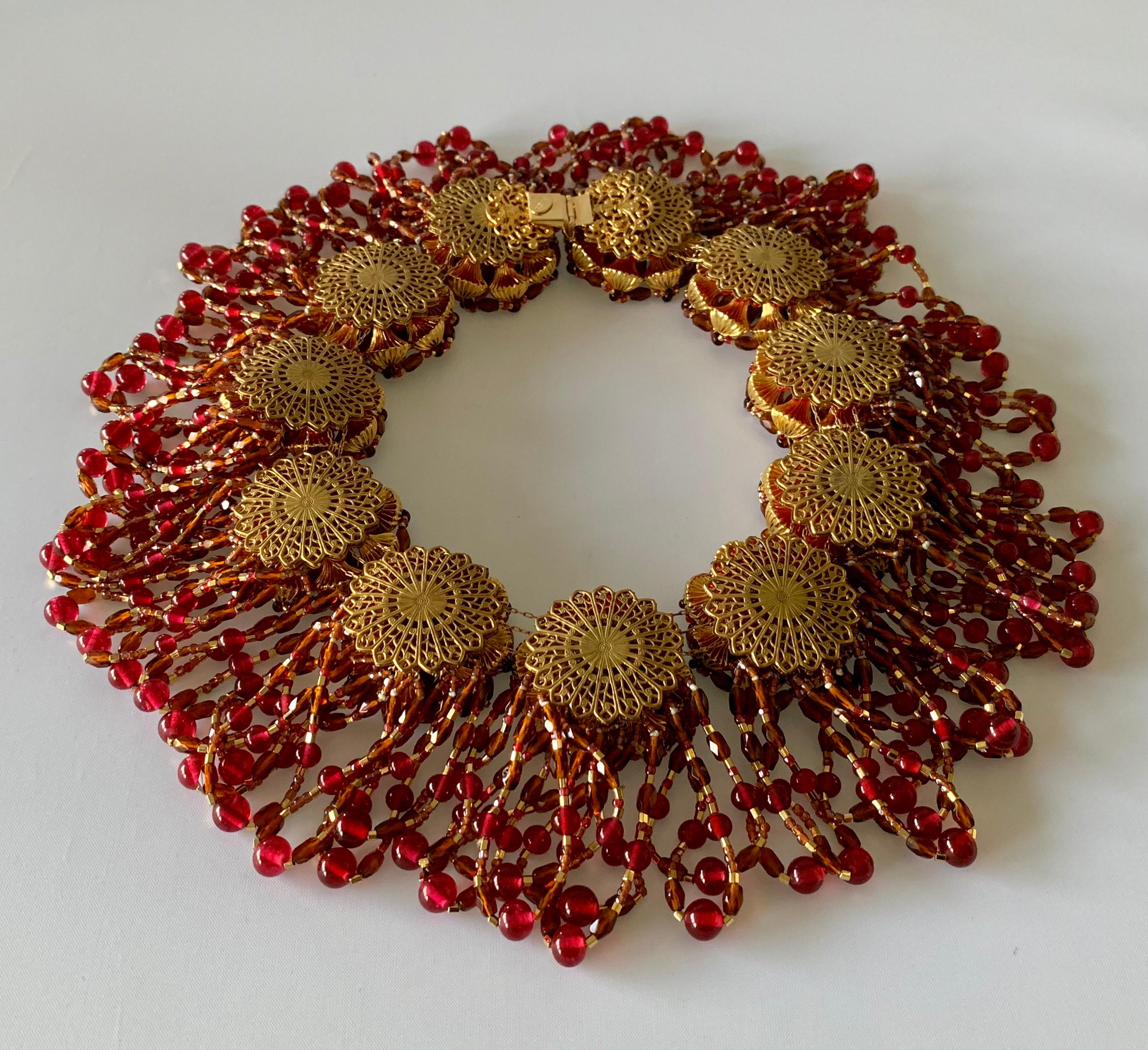 Vintage Chanel Haute Couture Gold and Red Fringe Statement Necklace 3