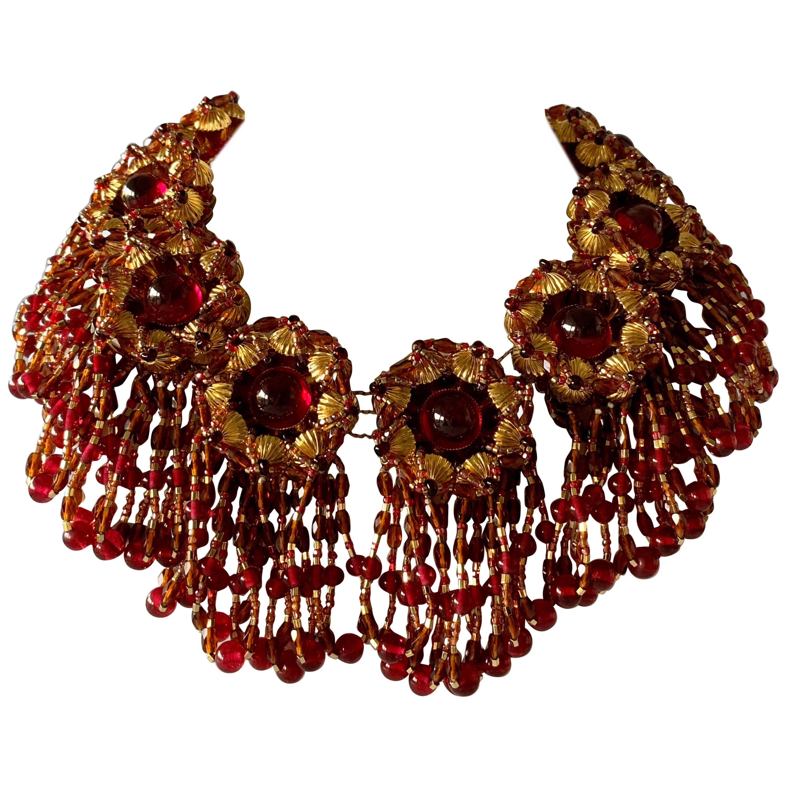 Vintage Chanel Haute Couture Gold and Red Fringe Statement Necklace