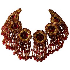 Vintage Chanel Haute Couture Gold and Red Fringe Statement Necklace 