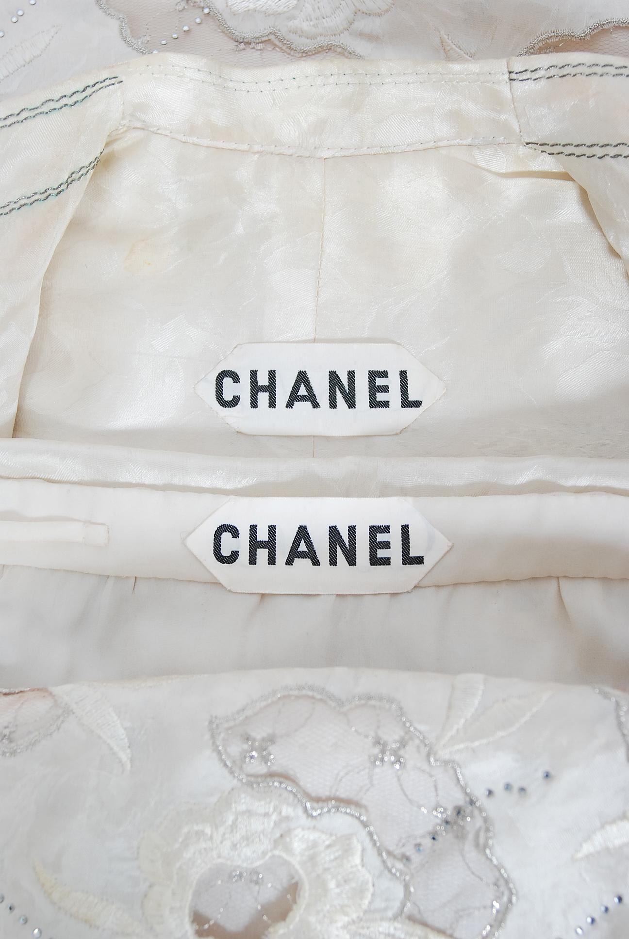 Vintage Chanel Haute Couture Ivory Lesage Embroidered Silk Bridal Gown & Jacket For Sale 9