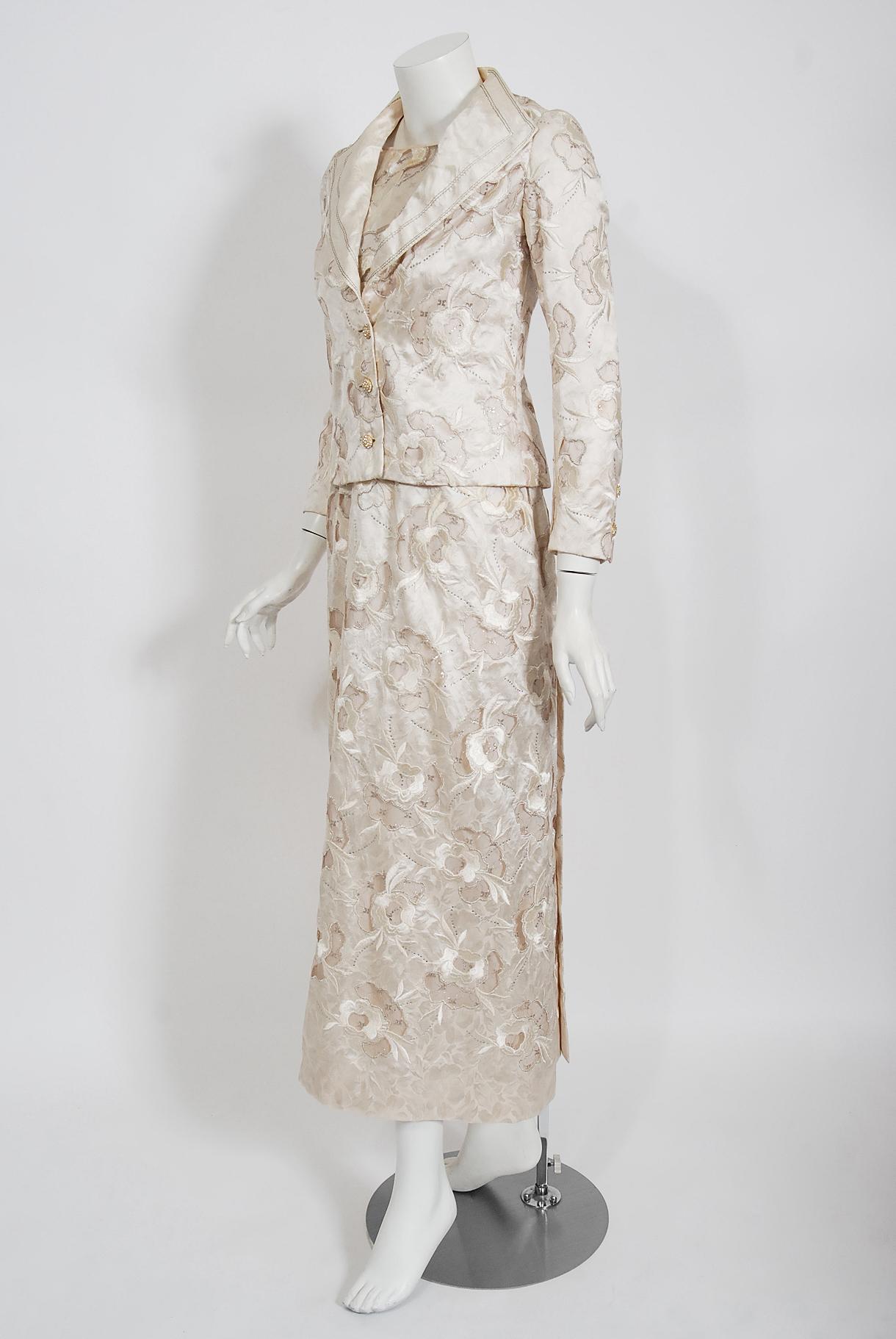 Beige Vintage Chanel Haute Couture Ivory Lesage Embroidered Silk Bridal Gown & Jacket For Sale