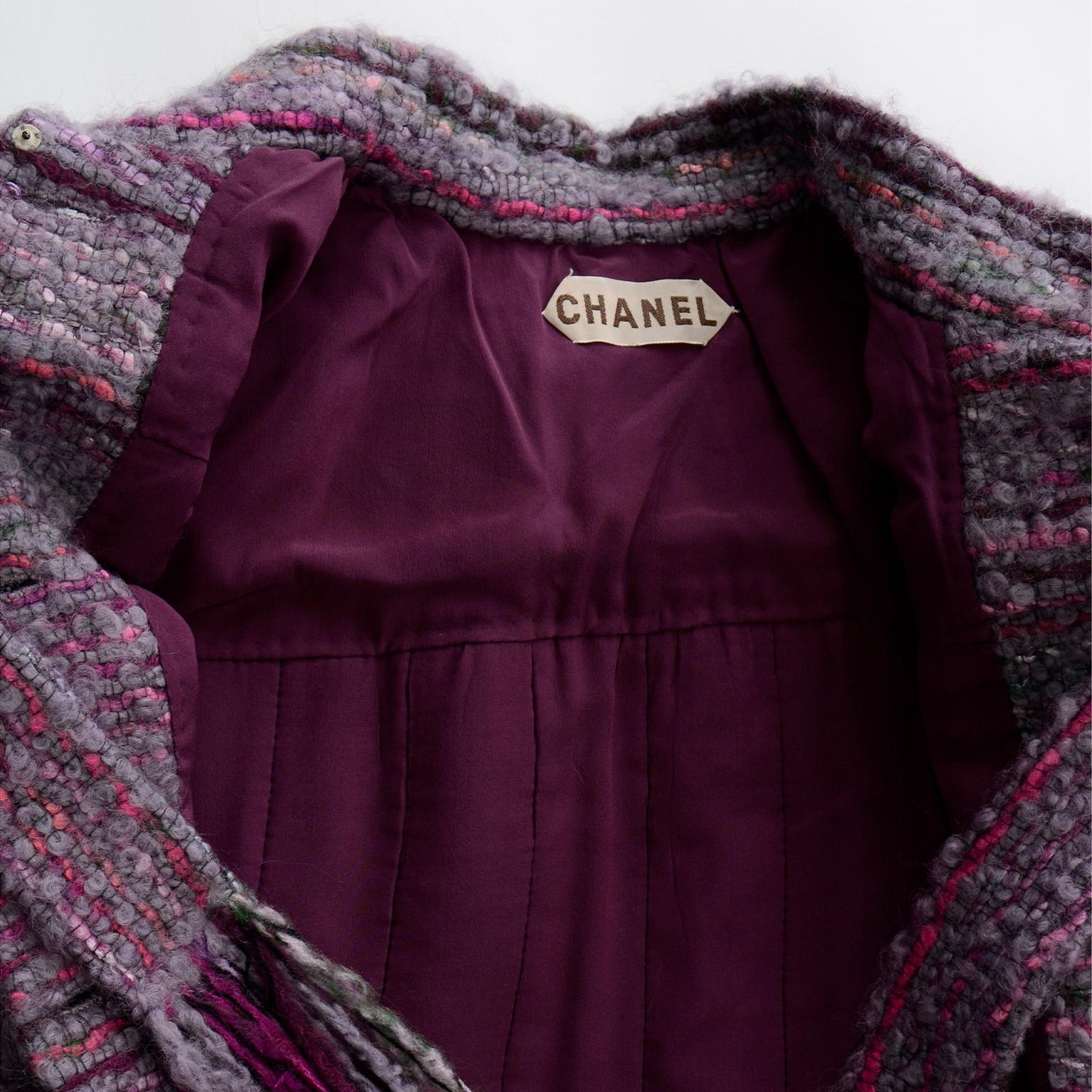 Vintage Chanel Haute Couture Purple Wool Boucle Cape w Scarf 7